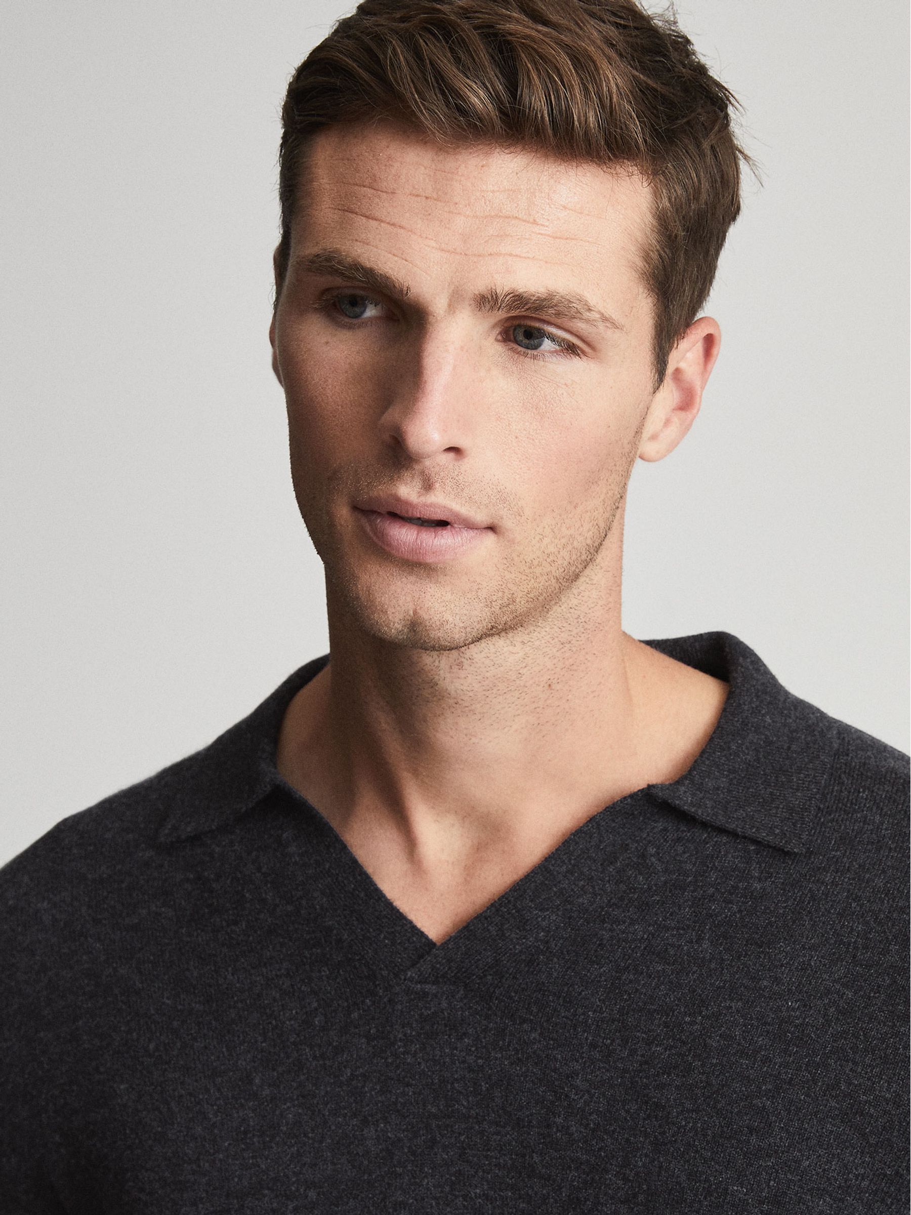 Cashmere Blend Open Collar Polo Shirt in Charcoal Melange - Image 3 of 5