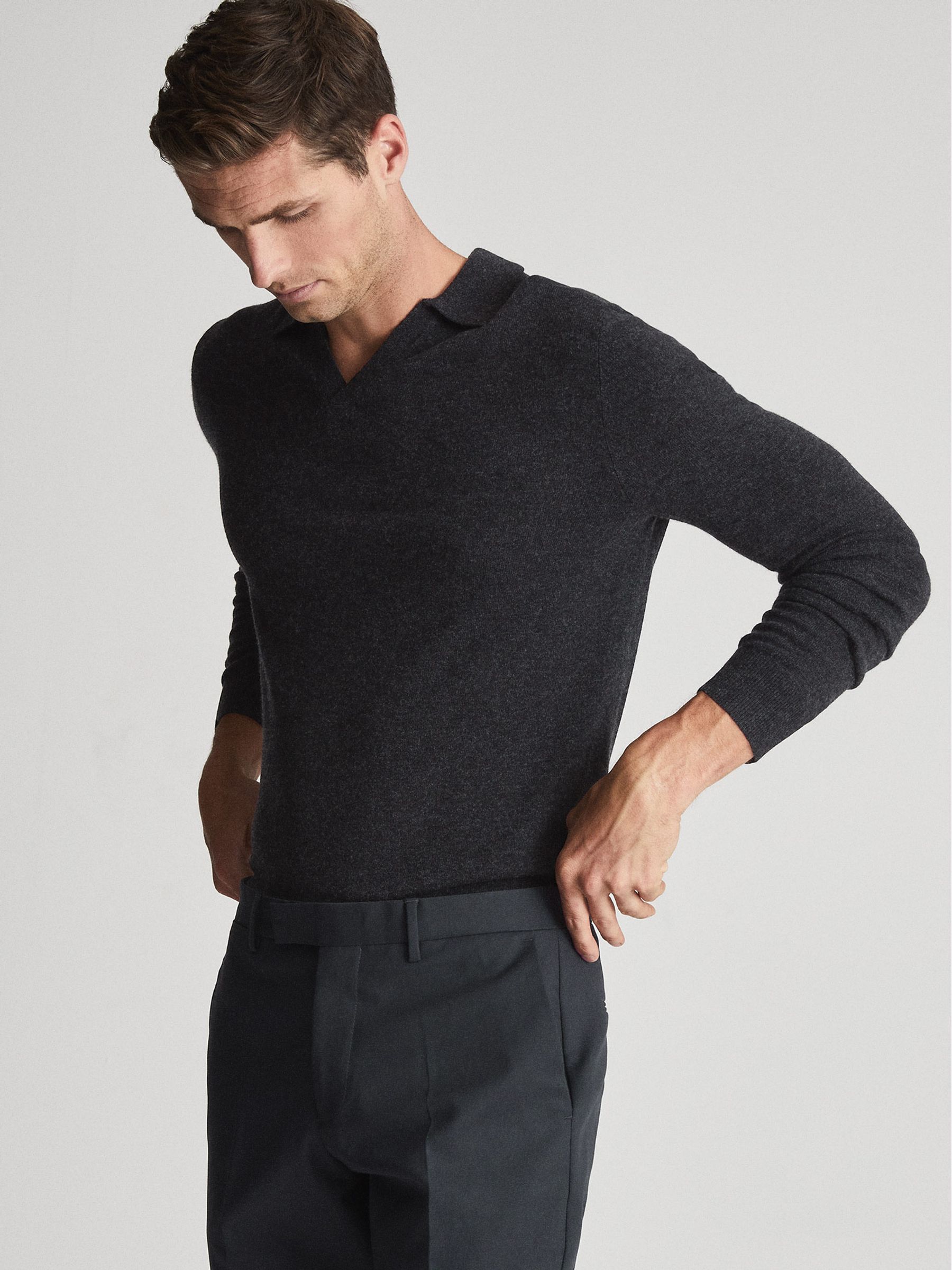 Cashmere Blend Open Collar Polo Shirt in Charcoal Melange - Image 4 of 5