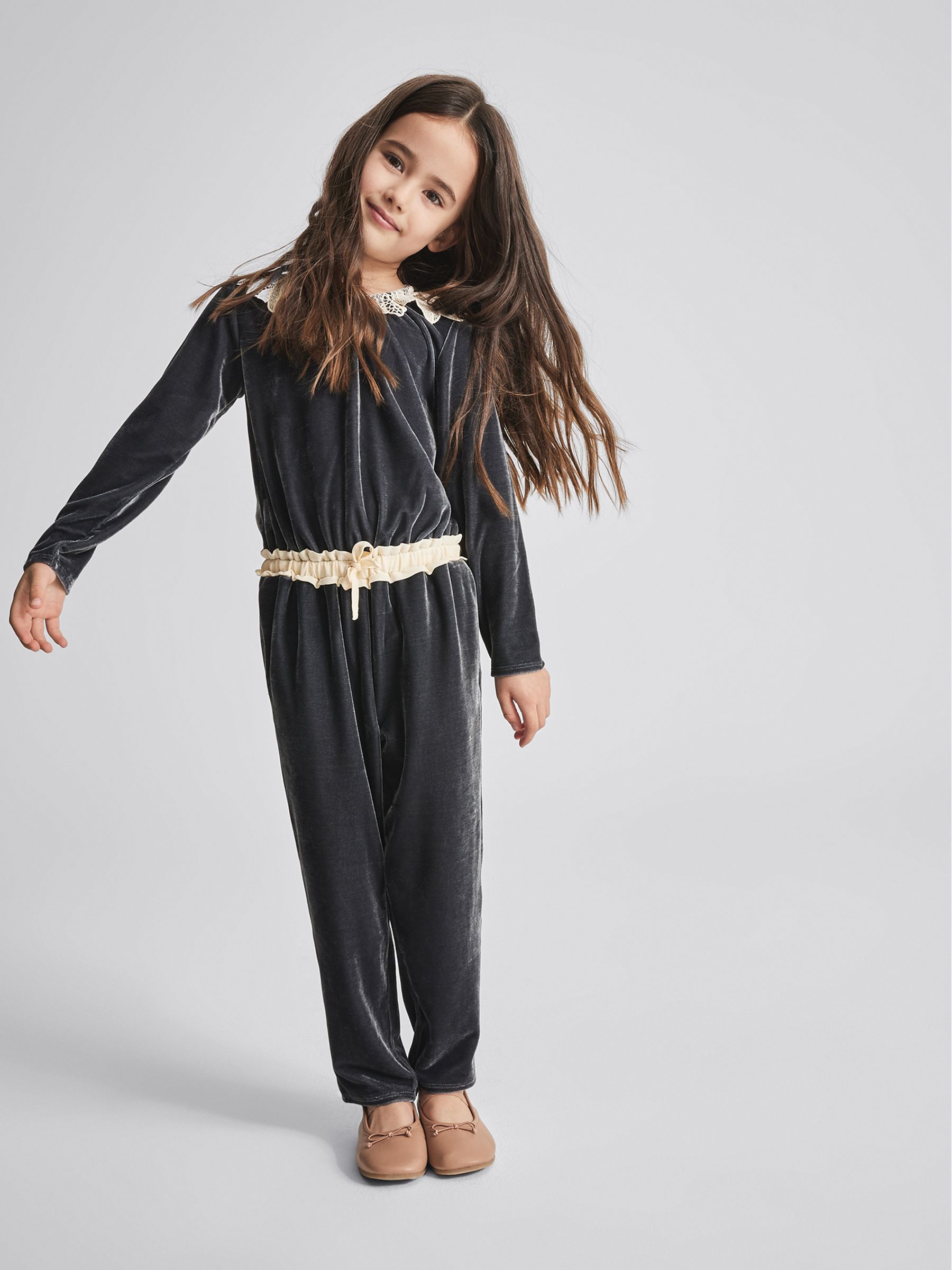 Lace Trim Velvet Jumpsuit in Grey - Image 1 of 6