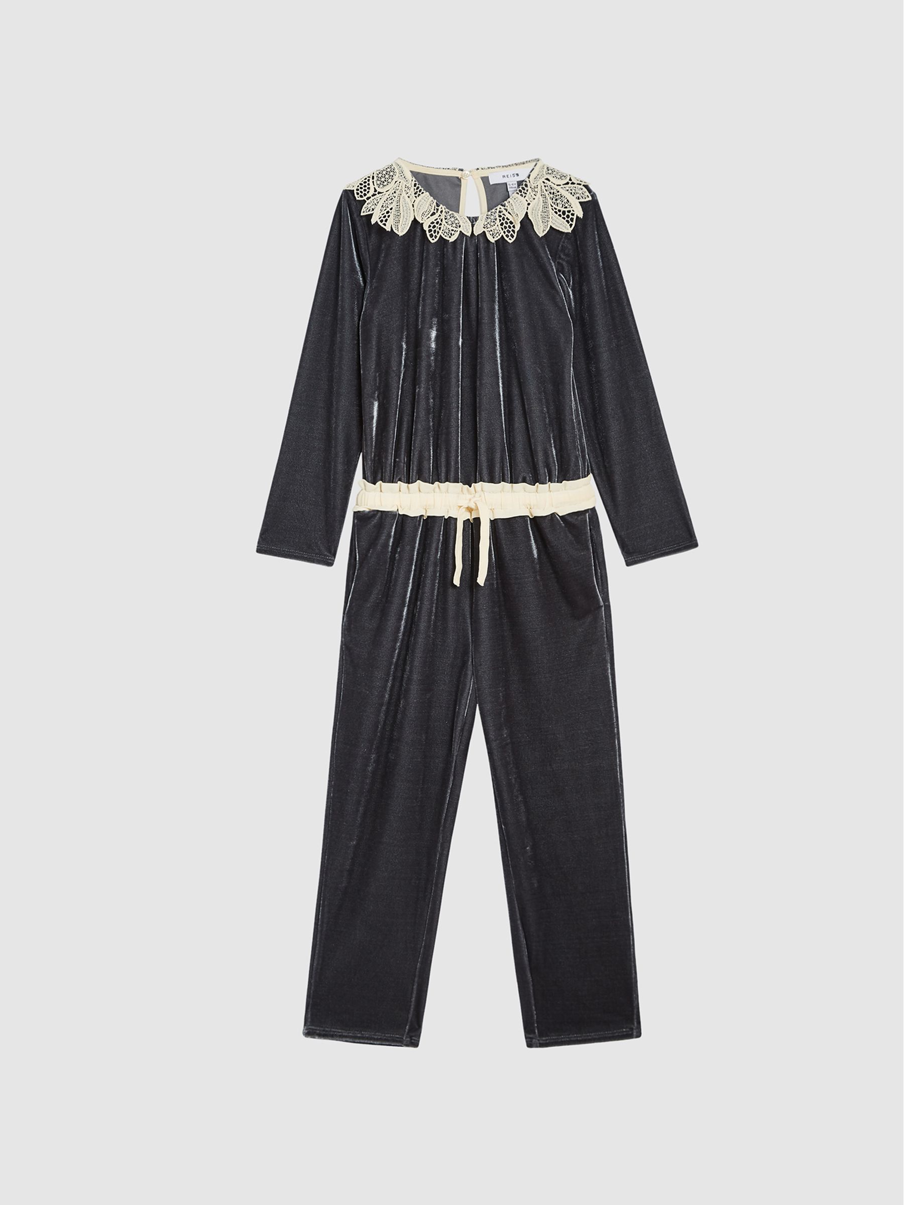 Lace Trim Velvet Jumpsuit in Grey - Image 2 of 6