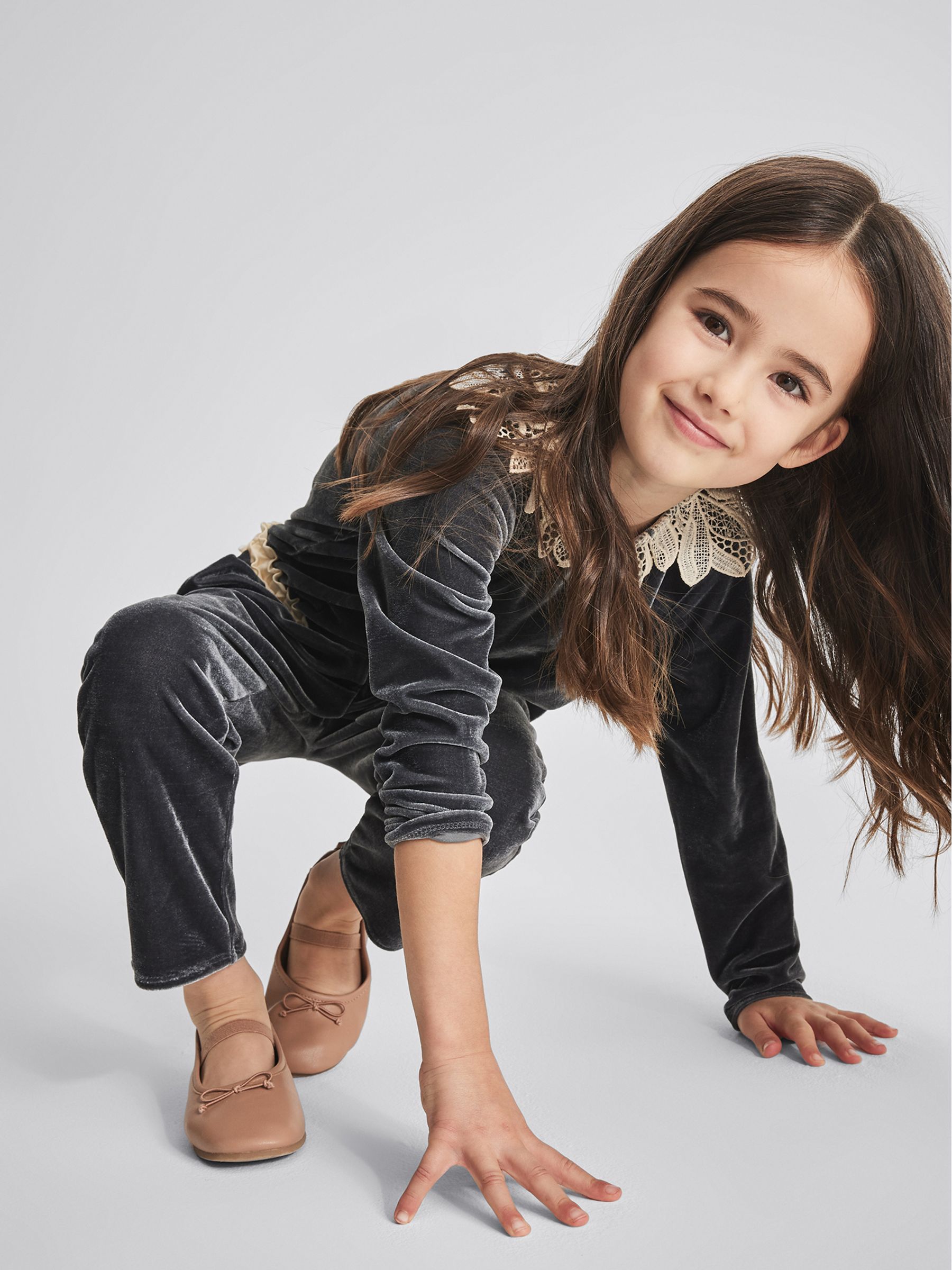 Lace Trim Velvet Jumpsuit in Grey - Image 3 of 6