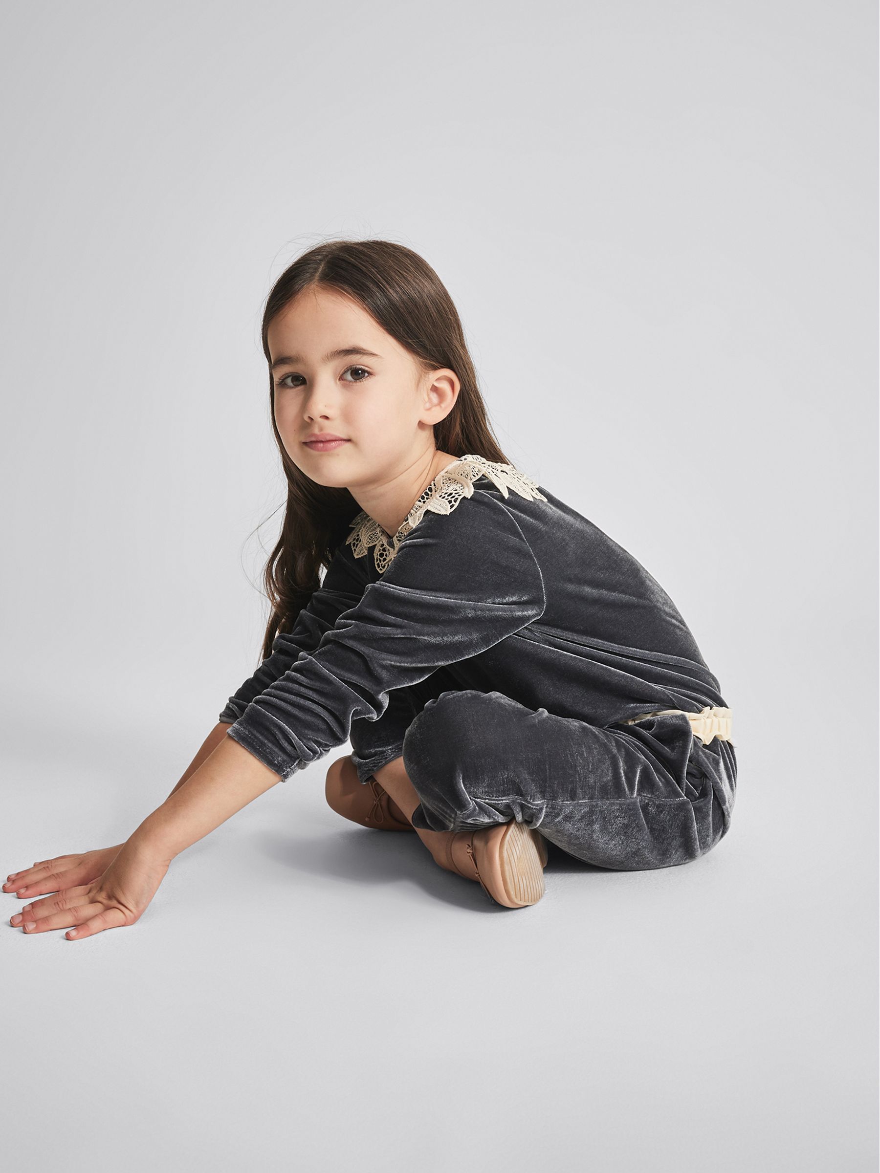 Lace Trim Velvet Jumpsuit in Grey - Image 4 of 6