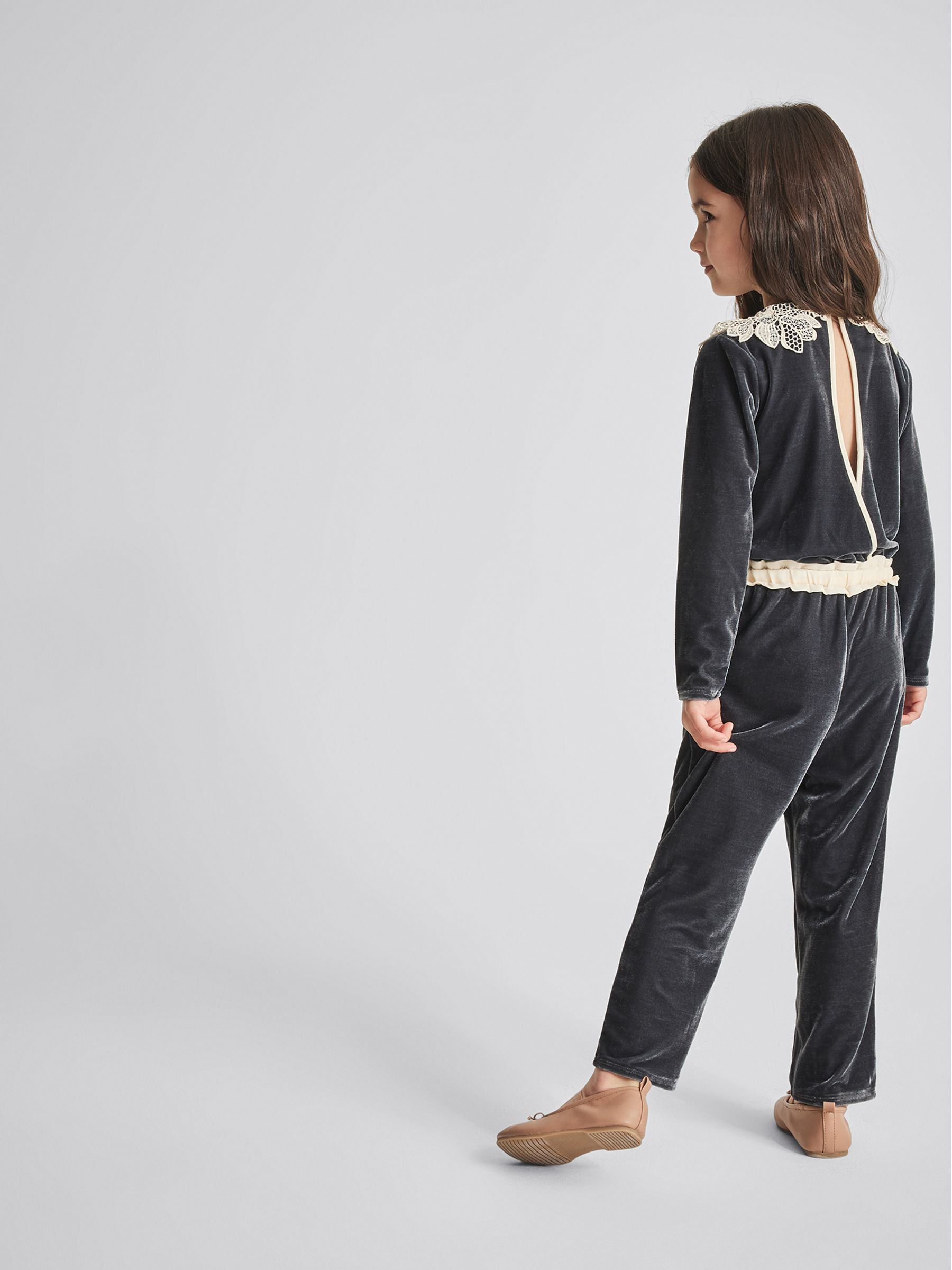 Lace Trim Velvet Jumpsuit in Grey - Image 5 of 6