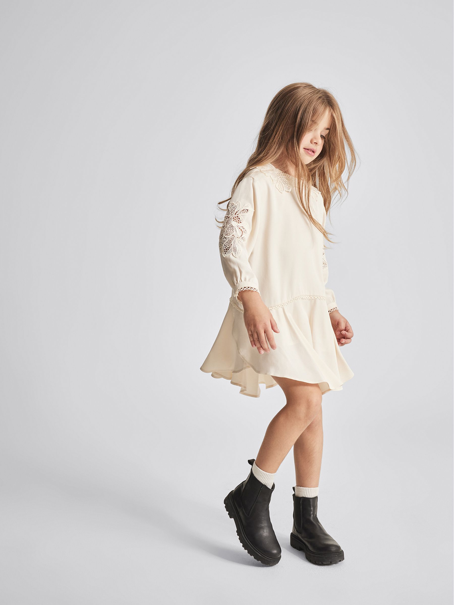 Lace Trim Mini Dress in Ivory - Image 1 of 6