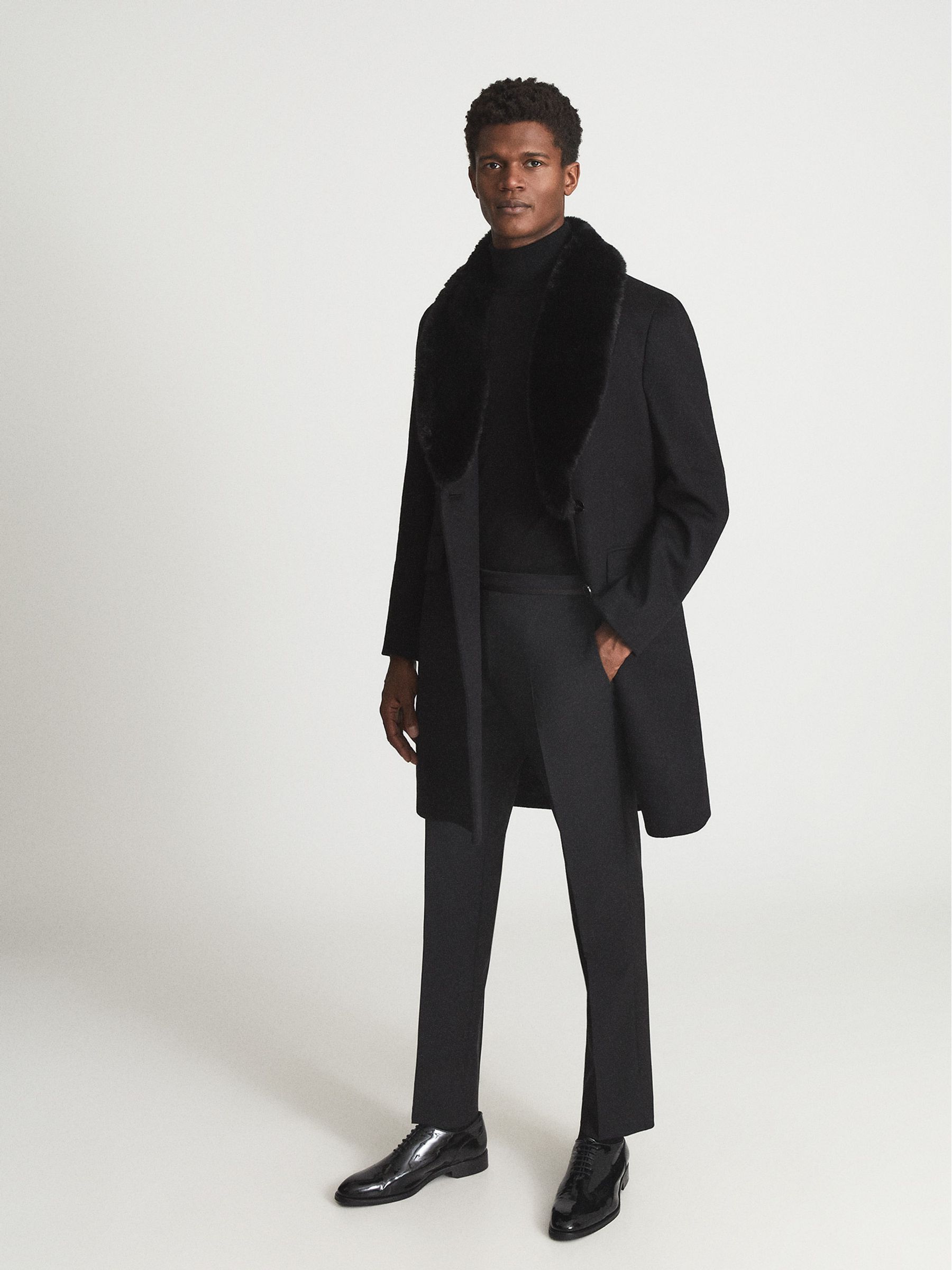 Reiss Faux Fur Collar Wool Tailored Coat in Black REISS