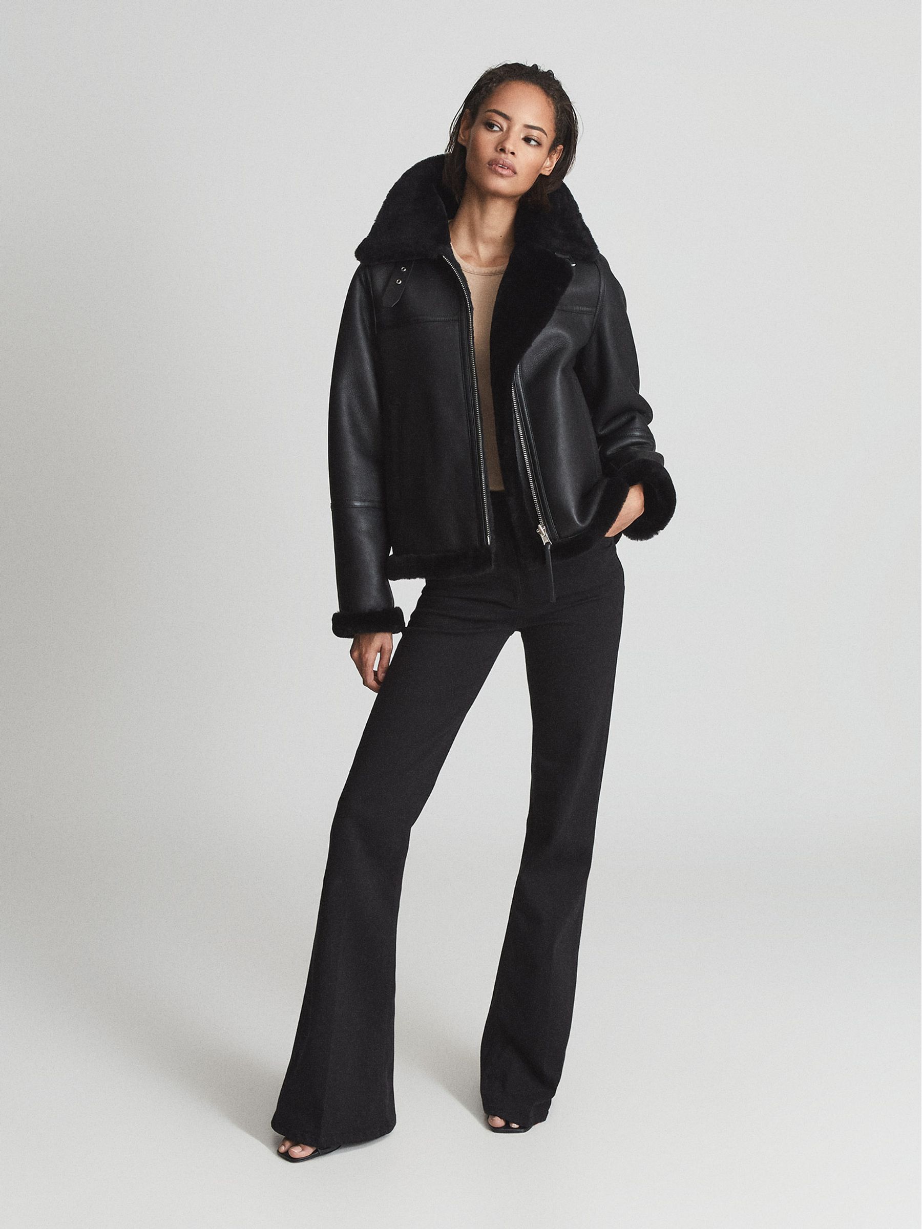 Reversible Shearling Aviator Jacket in Black - Image 1 of 7