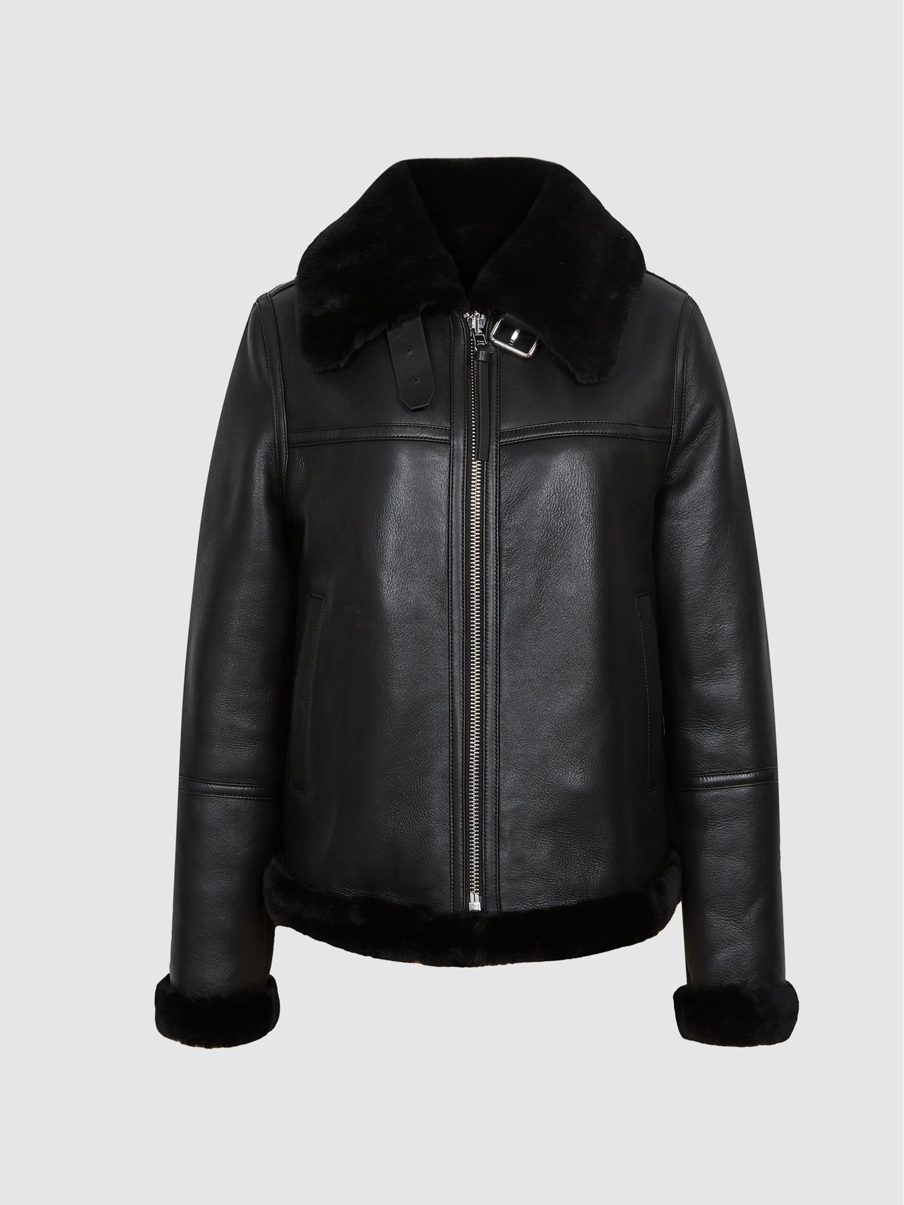 Reversible Shearling Aviator Jacket in Black - Image 2 of 7