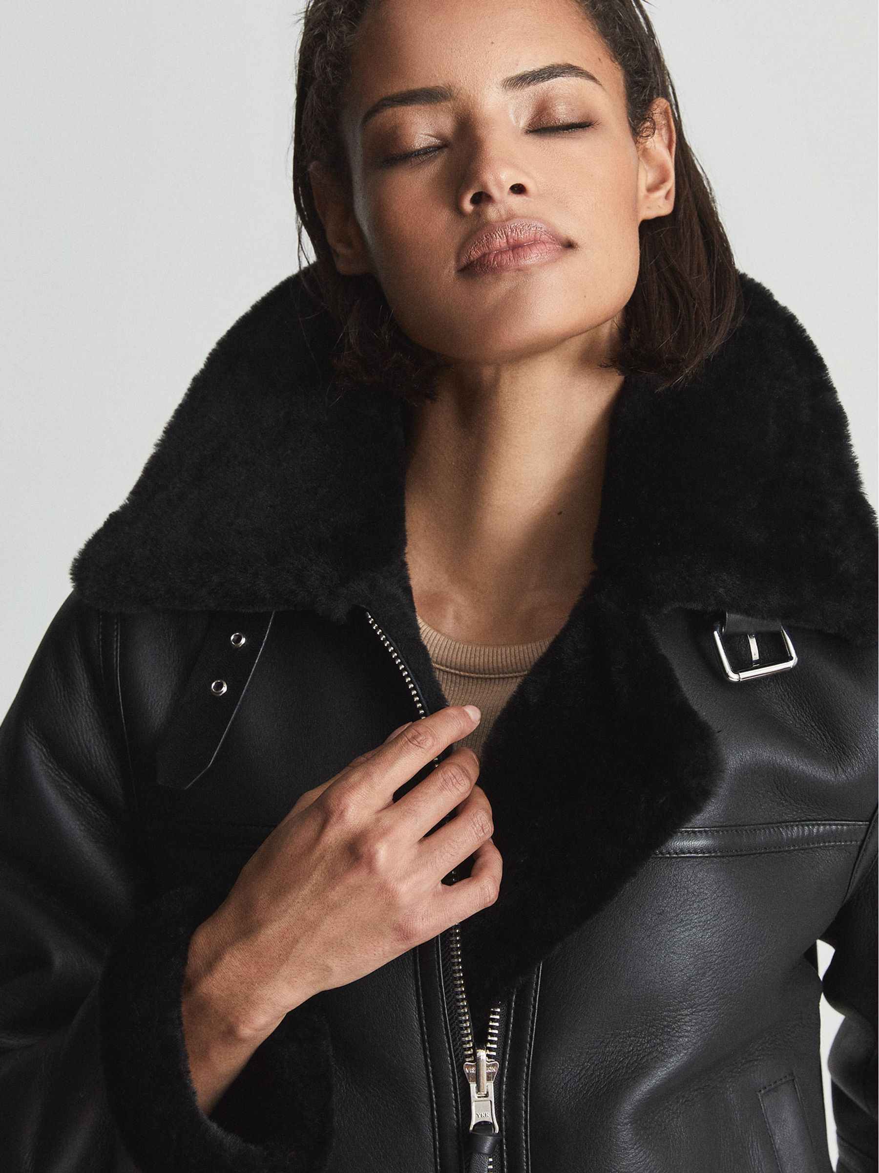 Reversible Shearling Aviator Jacket in Black - Image 3 of 7