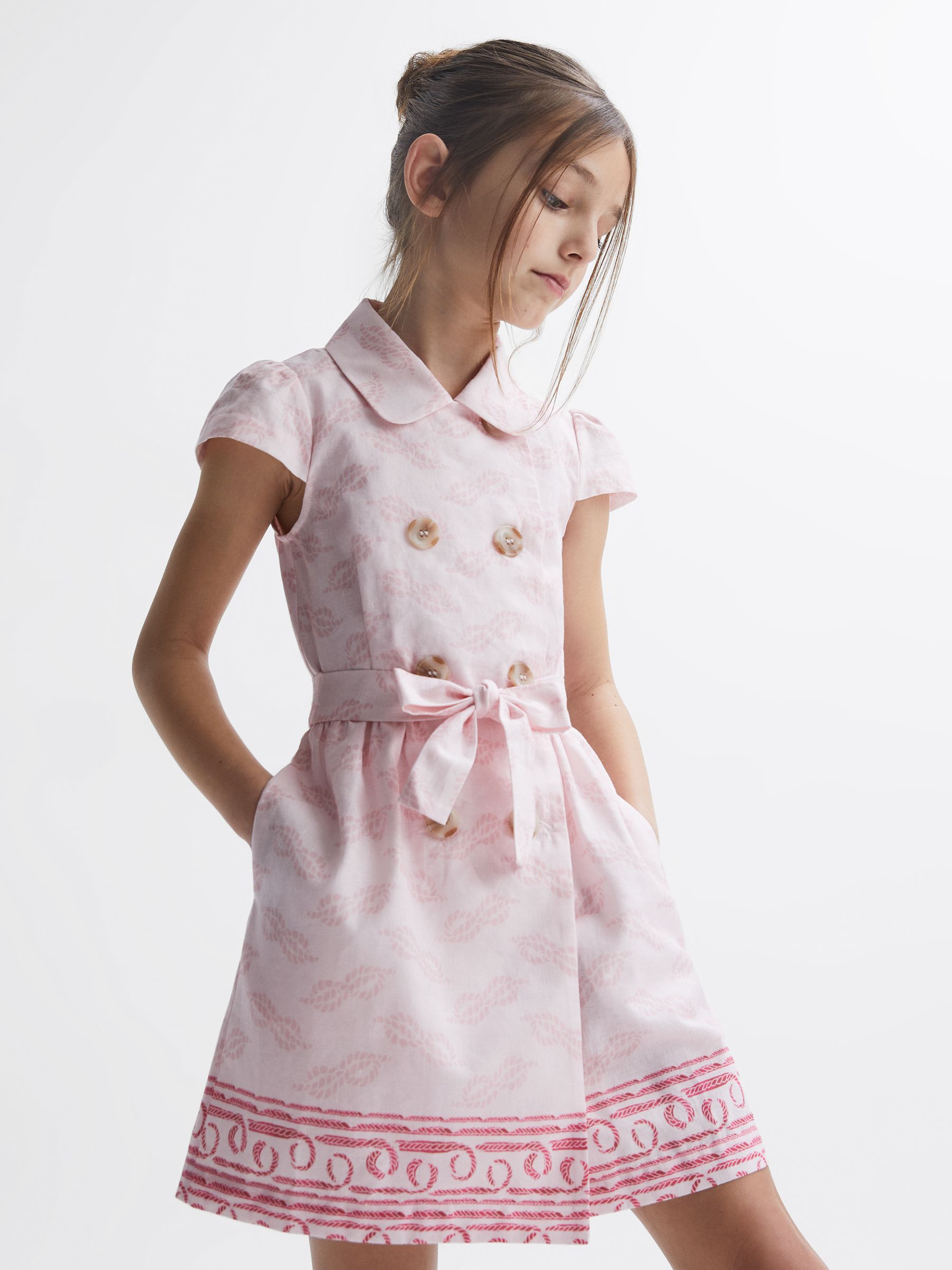 Junior Cap Sleeve Double Breasted Dress in Pink Print - Image 1 of 8