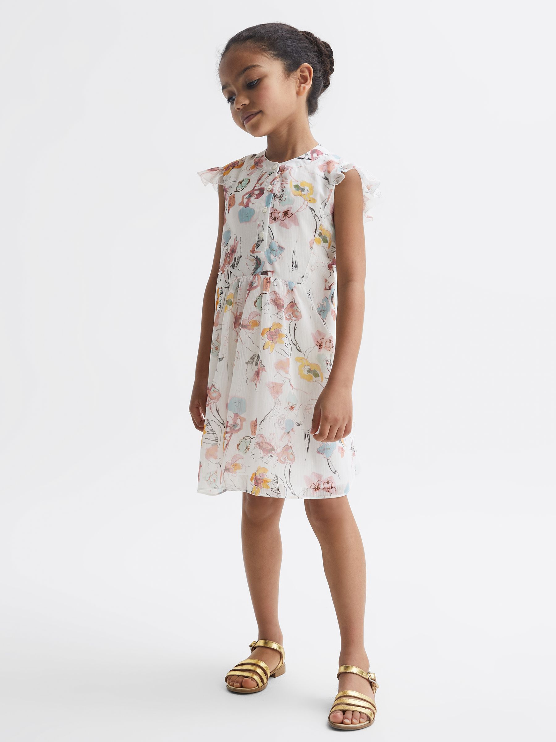 9-12 yrs Floral Print Collarless Dress in Ivory Print - Image 1 of 6