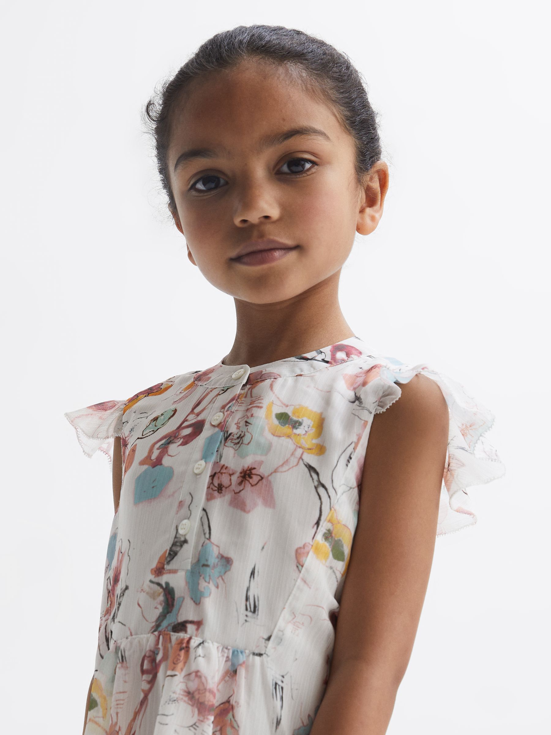 9-12 yrs Floral Print Collarless Dress in Ivory Print - Image 4 of 6
