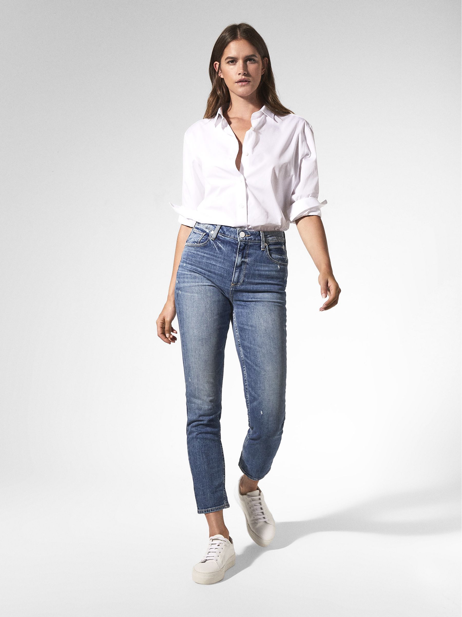 Paige High Rise Slim Jeans in Mid Blue - Image 1 of 6 Paige High Rise Slim Jeans in Mid Blue - Image 1 of 6