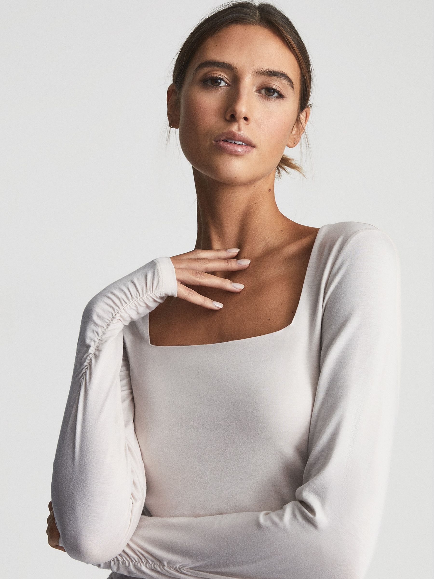 Square Neck Ruched Top in Cream - Image 1 of 6