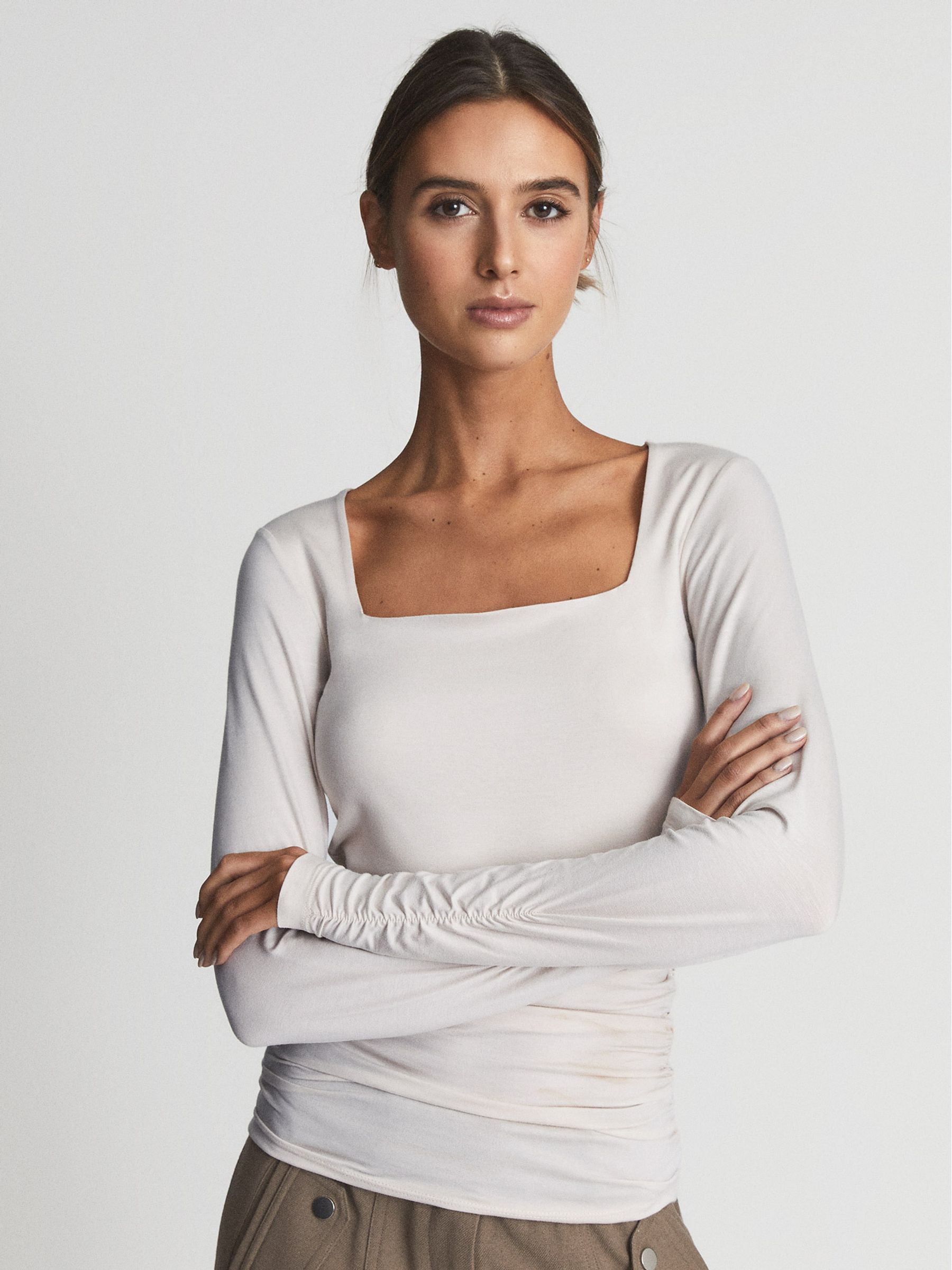 Square Neck Ruched Top in Cream - Image 4 of 6