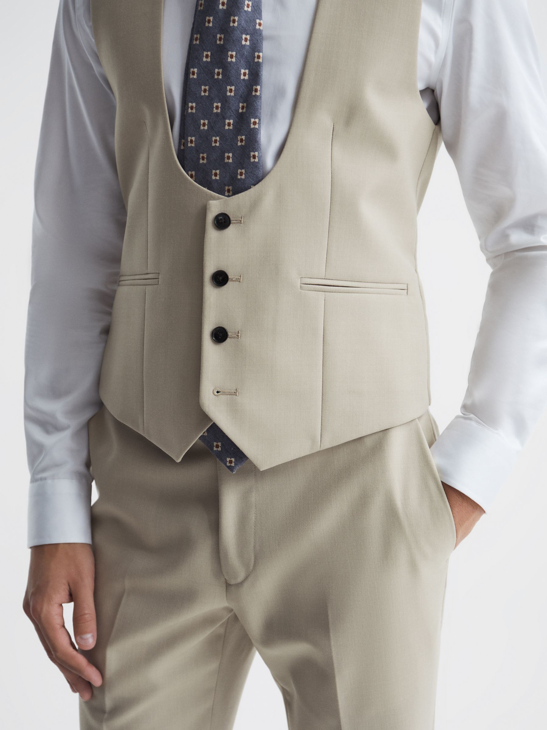 Horse Shoe Wool Slim Fit Waistcoat in Stone - Image 7 of 8