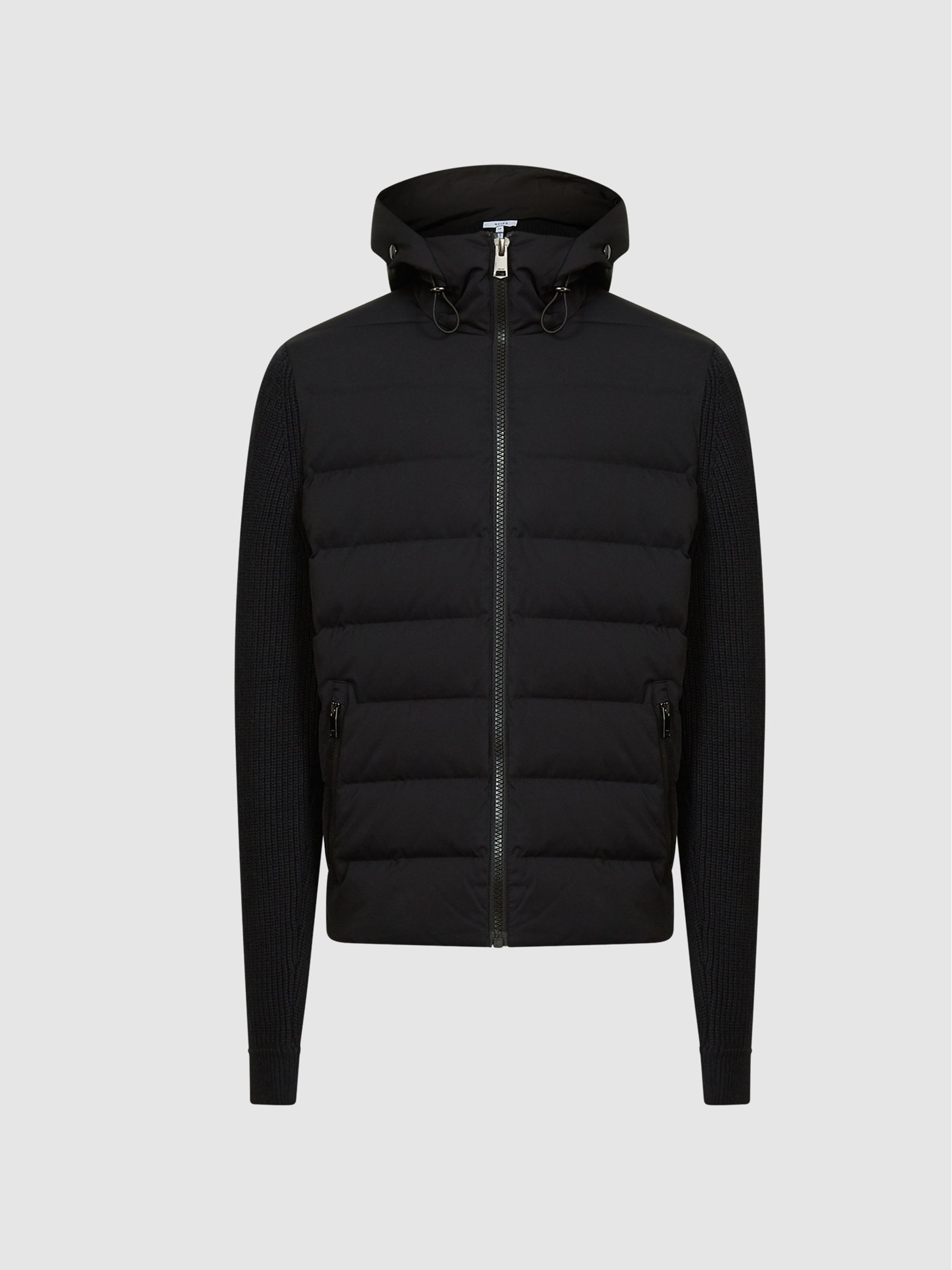 Quilted Knitted Hybrid Hooded Jacket in Black - Image 2 of 6