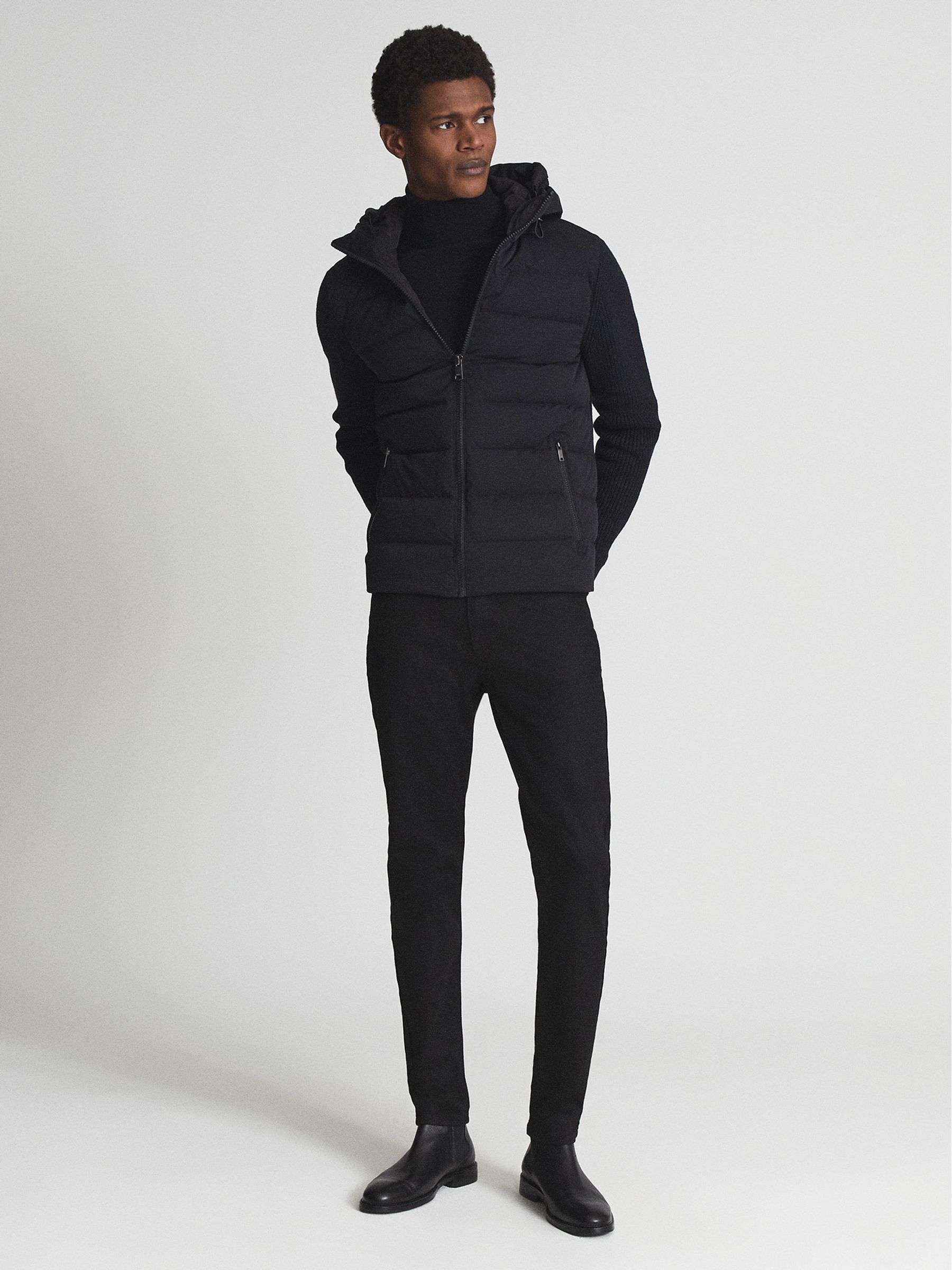 Quilted Knitted Hybrid Hooded Jacket in Black - Image 3 of 6