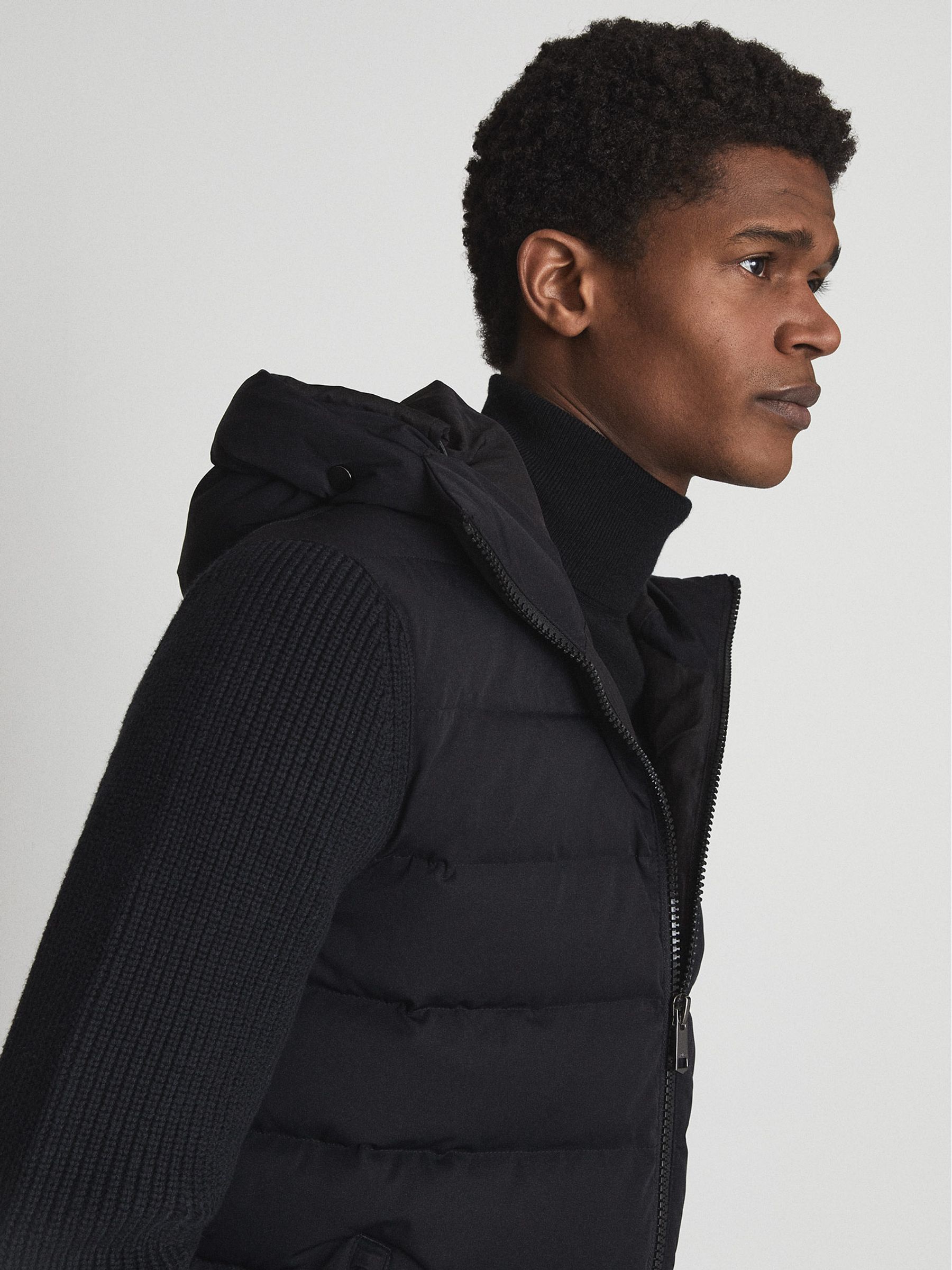 Quilted Knitted Hybrid Hooded Jacket in Black - Image 4 of 6