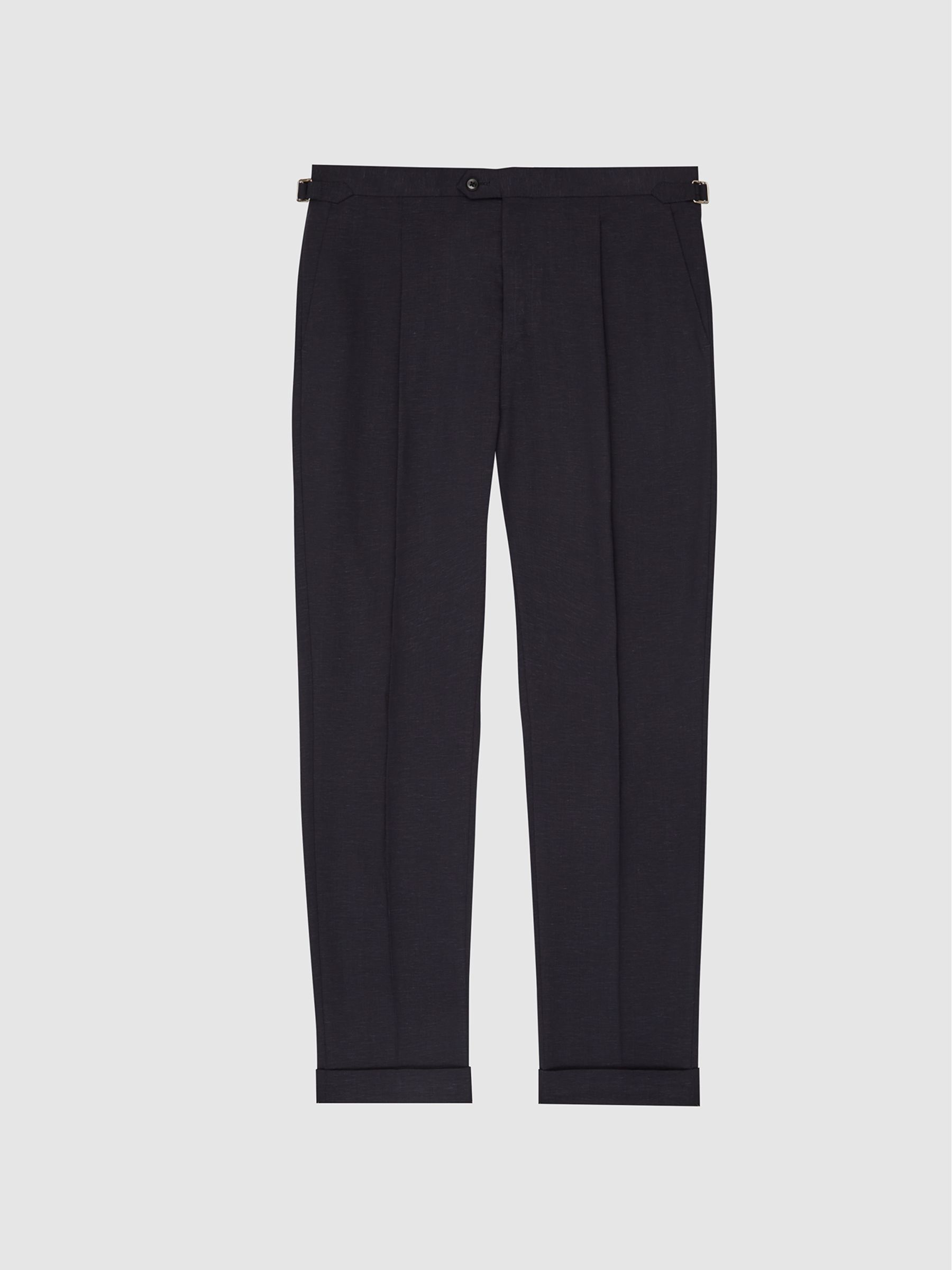 Shade Navy Melange Linen Blend Pleated Slim Fit Trousers - Image 2 of 5