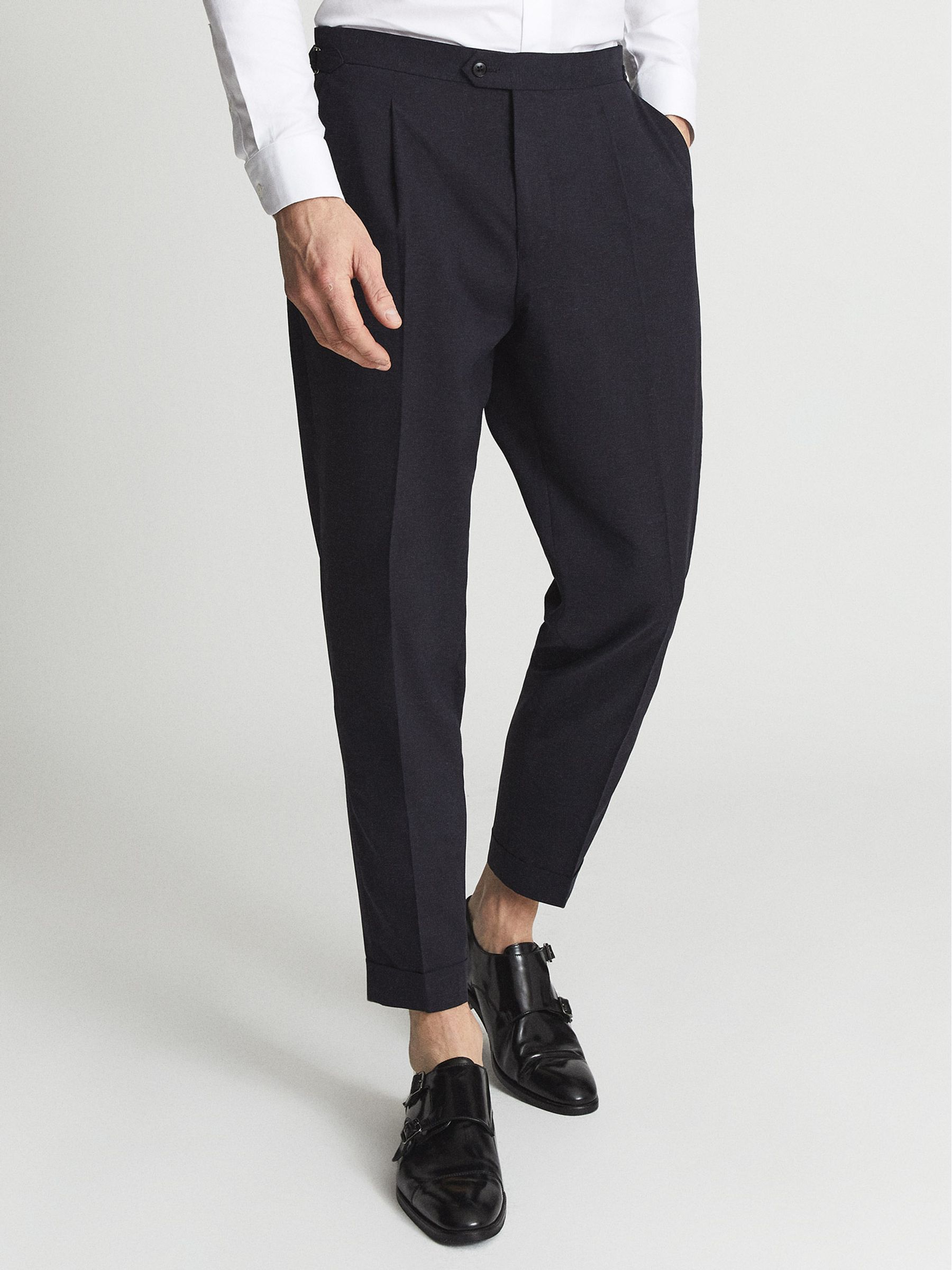 Shade Navy Melange Linen Blend Pleated Slim Fit Trousers - Image 3 of 5
