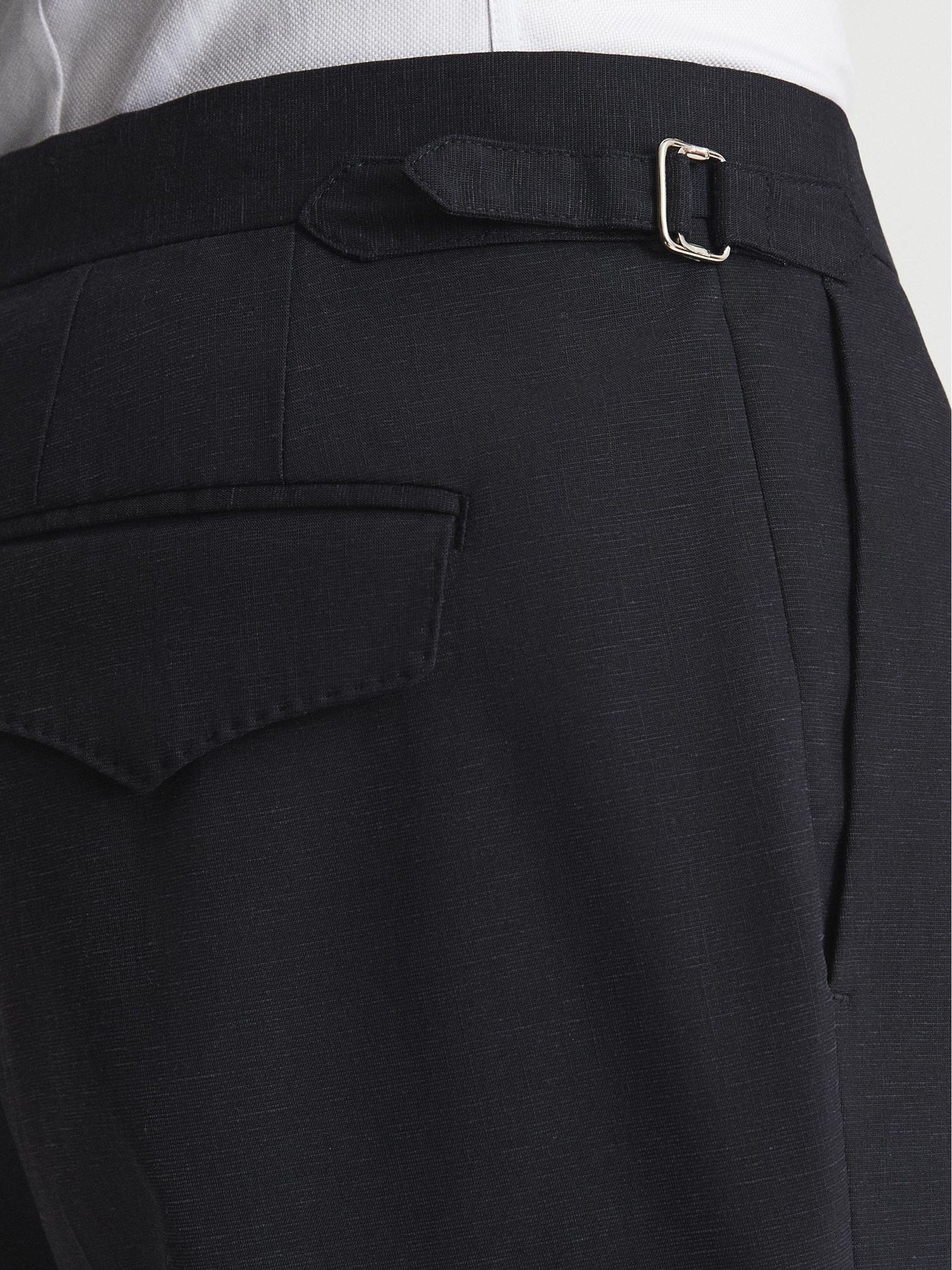 Shade Navy Melange Linen Blend Pleated Slim Fit Trousers - Image 4 of 5