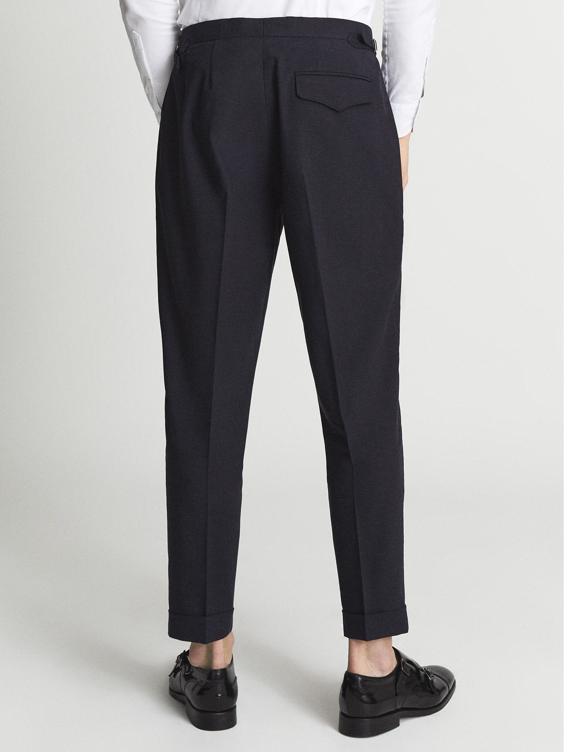 Shade Navy Melange Linen Blend Pleated Slim Fit Trousers - Image 5 of 5