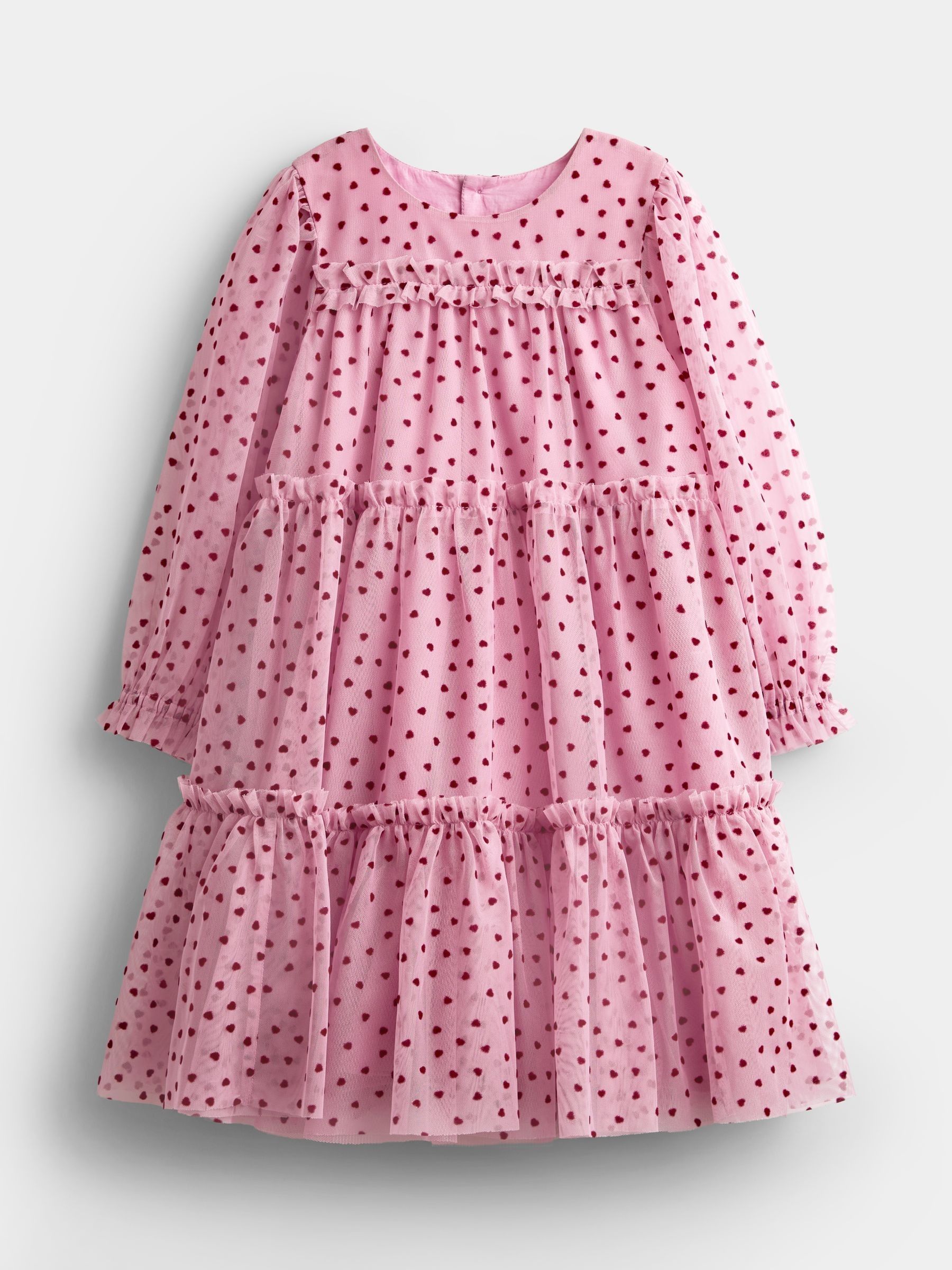 Dusky Pink Heart Flocked Tiered Dress - Image 1 of 4 Dusky Pink Heart Flocked Tiered Dress - Image 1 of 4