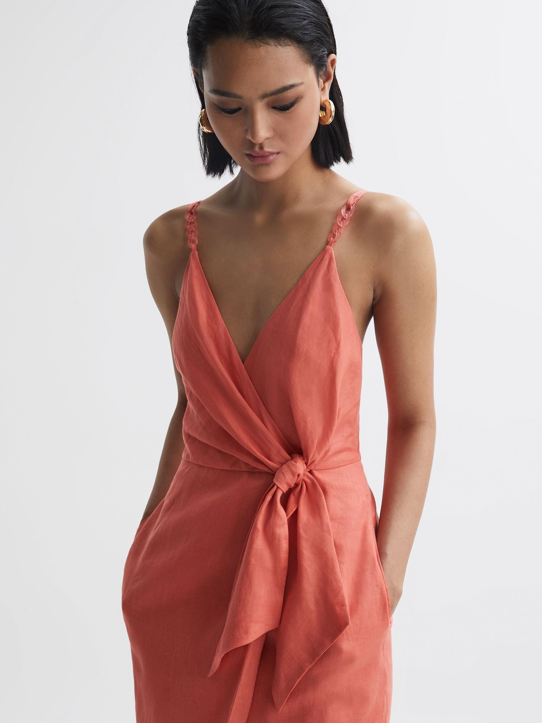 Linen Side Tie Midi Dress in Coral - Image 1 of 6