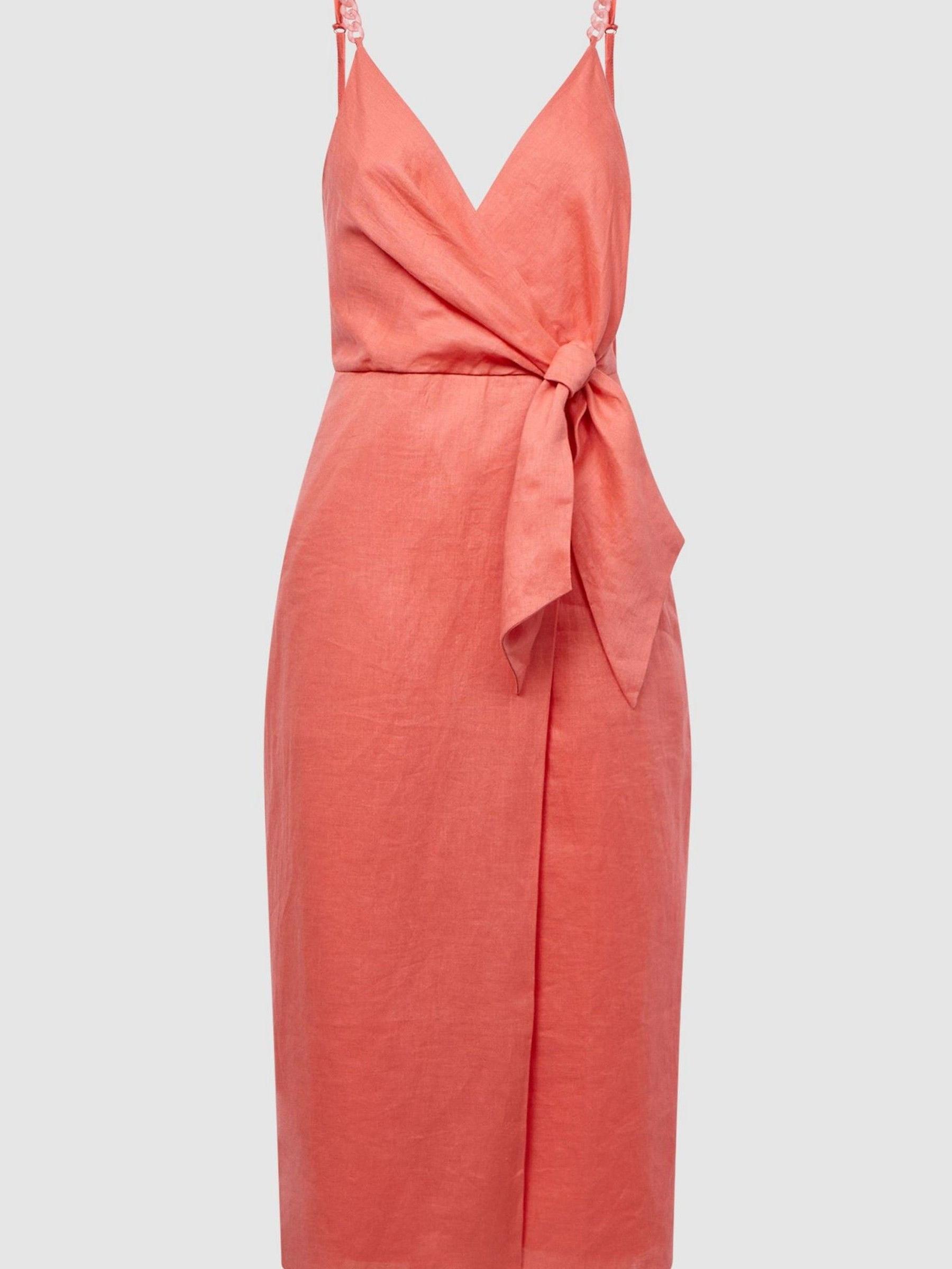 Linen Side Tie Midi Dress in Coral - Image 2 of 6