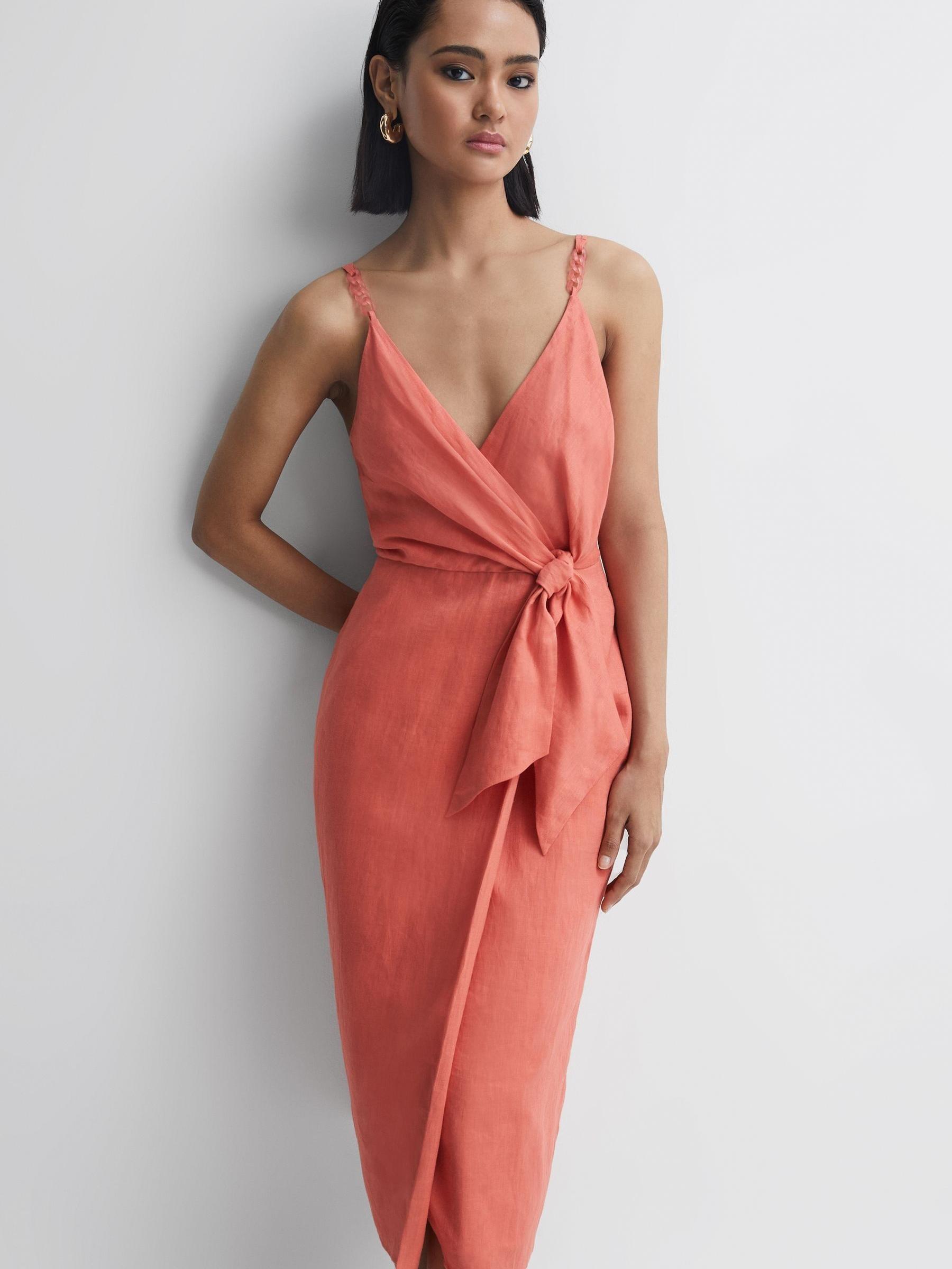 Linen Side Tie Midi Dress in Coral - Image 3 of 6