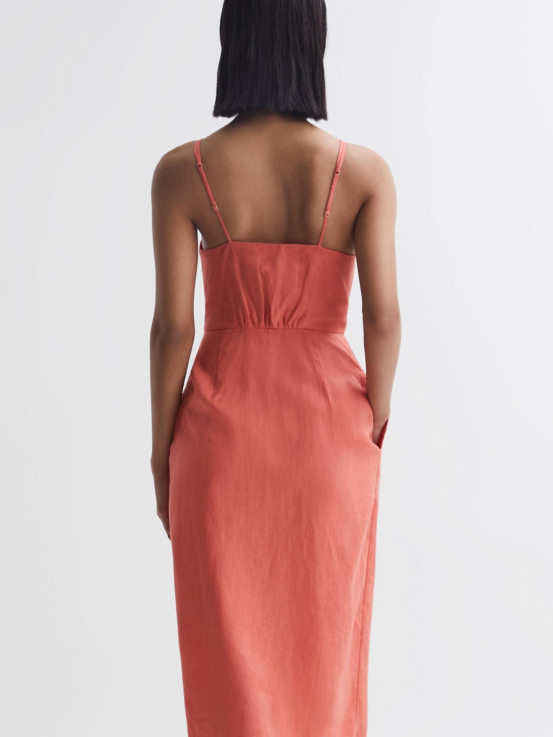 Linen Side Tie Midi Dress in Coral - Image 5 of 6