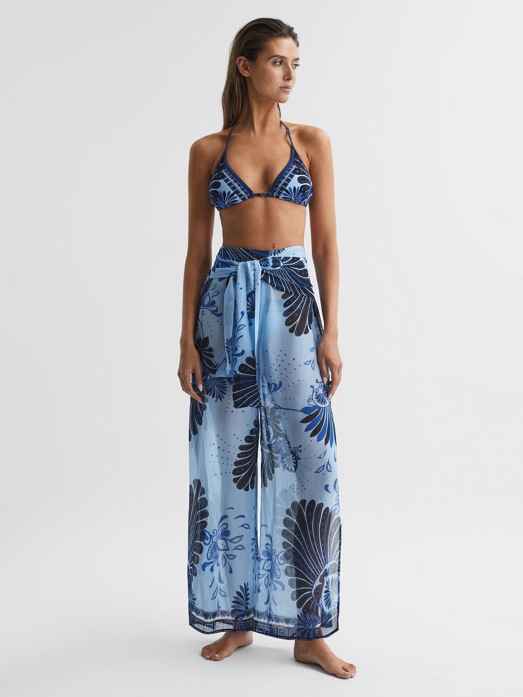 Sheer Wide Leg Trousers in Blue Print - Image 1 of 5 Sheer Wide Leg Trousers in Blue Print - Image 1 of 5