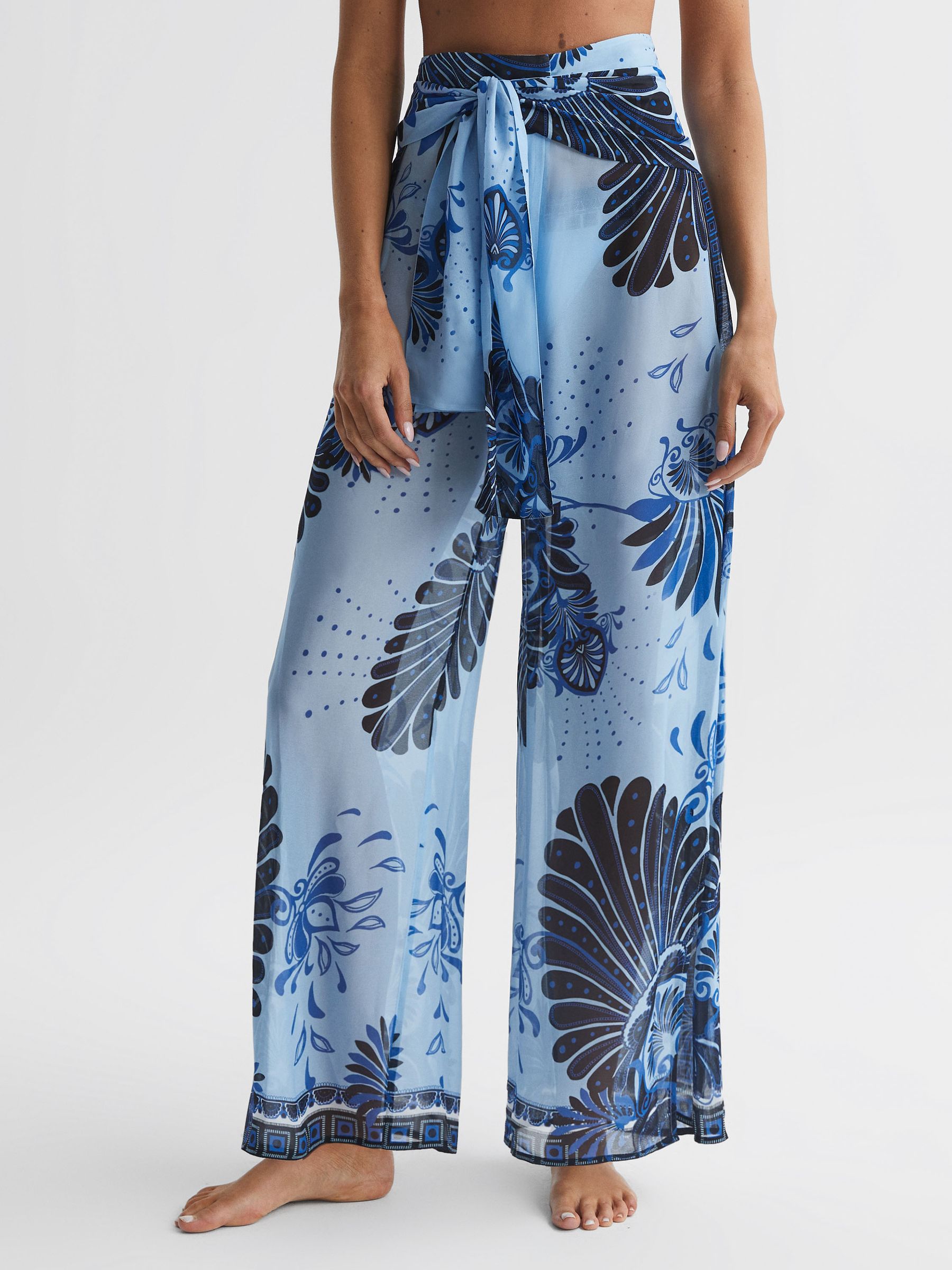 Sheer Wide Leg Trousers in Blue Print - Image 3 of 5