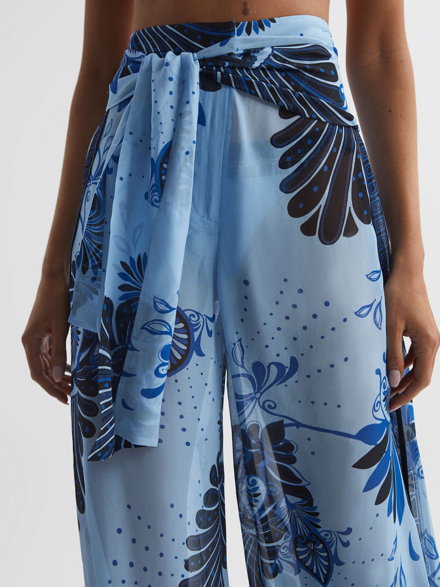 Sheer Wide Leg Trousers in Blue Print - Image 4 of 5