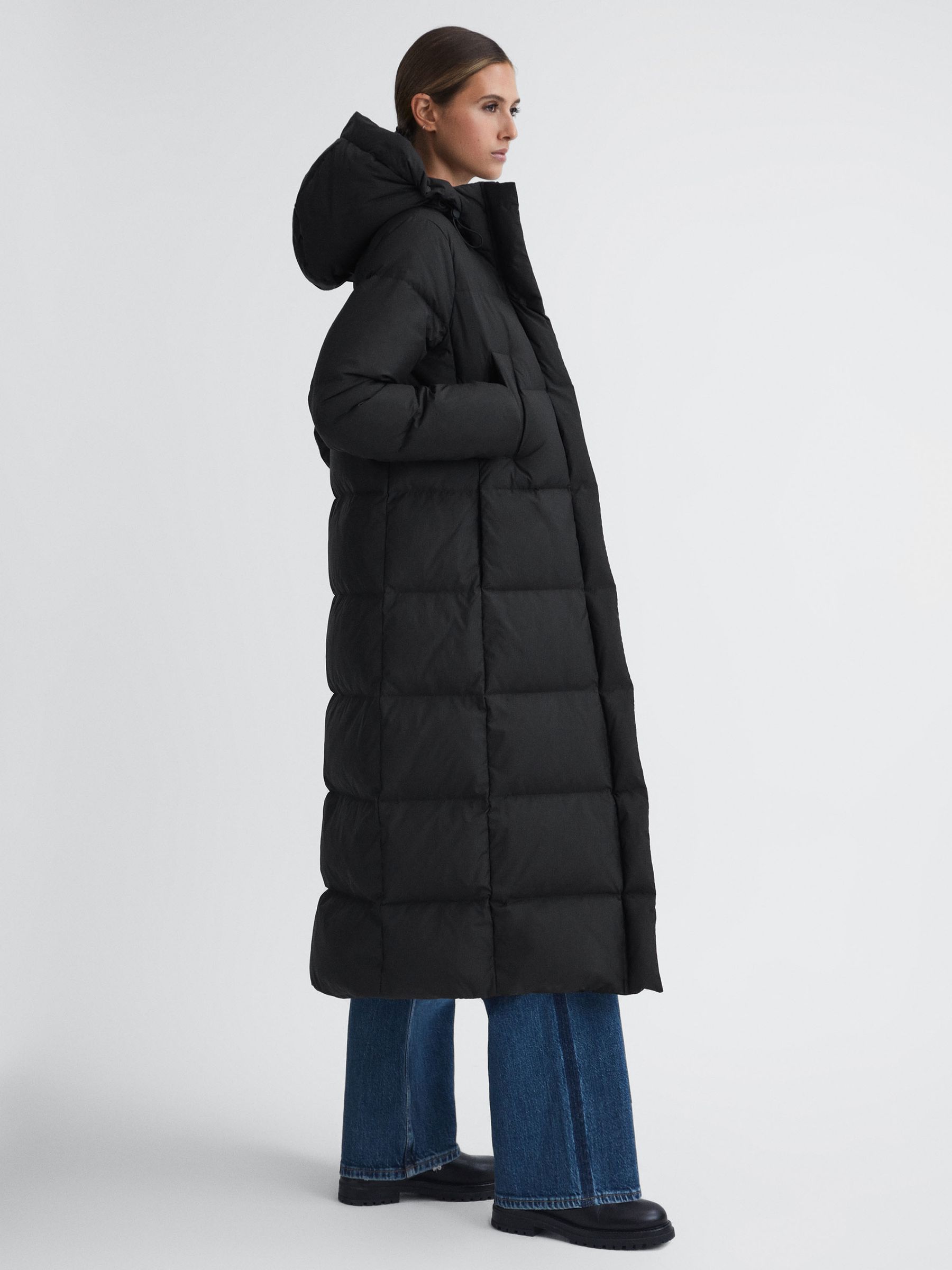 Longline Hooded Puffer Coat in Black - Image 1 of 5