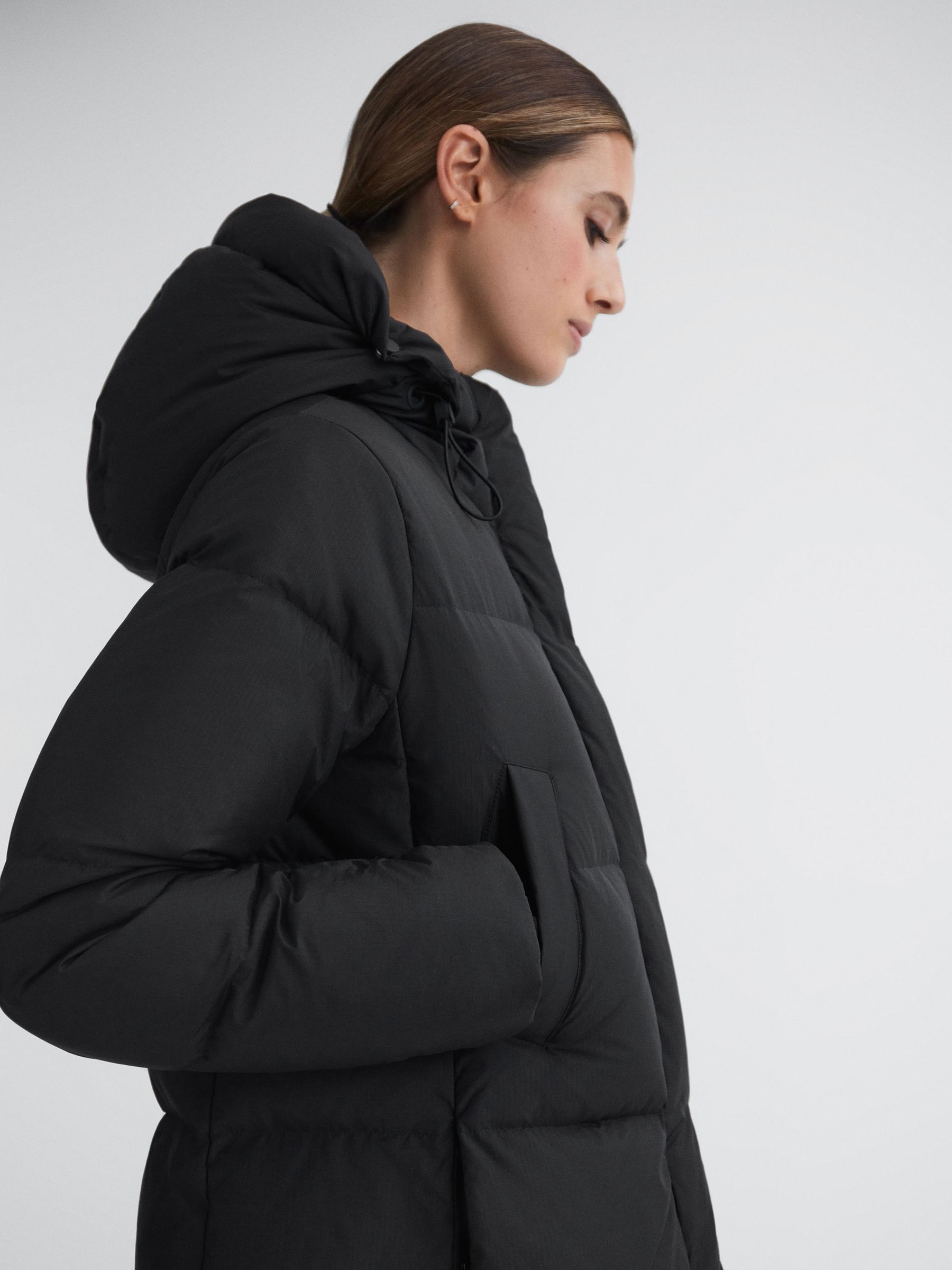 Longline Hooded Puffer Coat in Black - Image 3 of 5