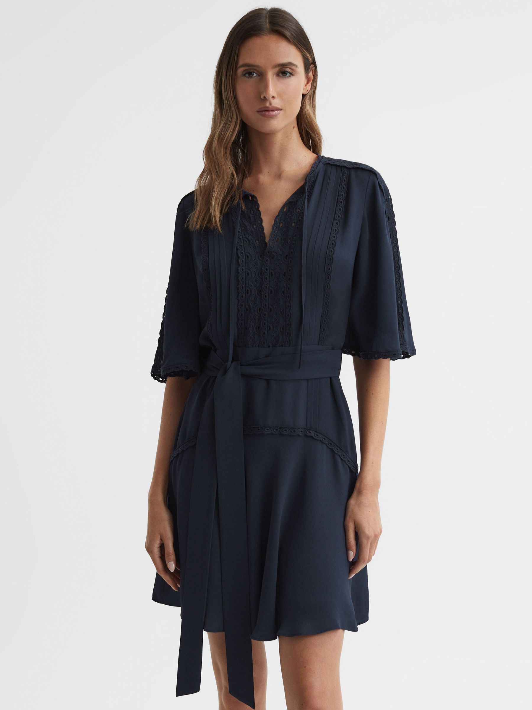 High Neck Lace Mini Dress in Navy - Image 1 of 5 High Neck Lace Mini Dress in Navy - Image 1 of 5