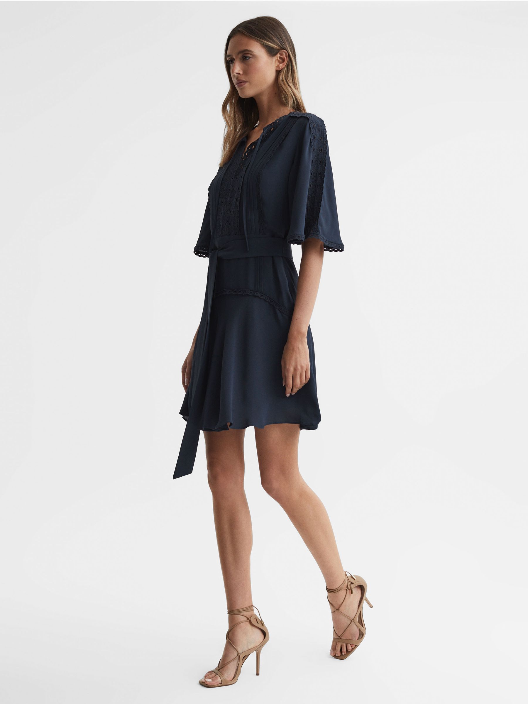 High Neck Lace Mini Dress in Navy - Image 4 of 5