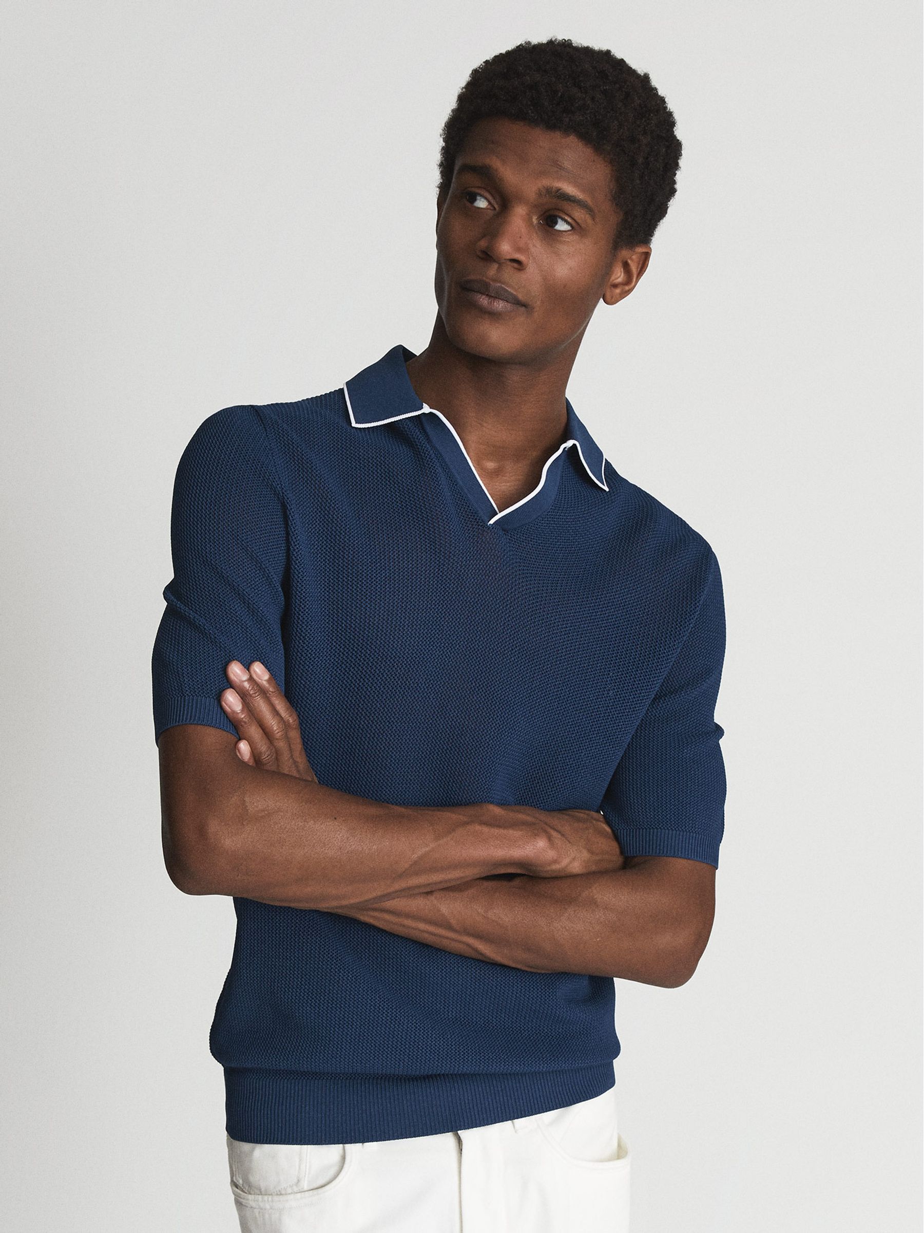 Open Collar Pointelle Polo T-Shirt in Dark Teal - Image 1 of 6 Open Collar Pointelle Polo T-Shirt in Dark Teal - Image 1 of 6