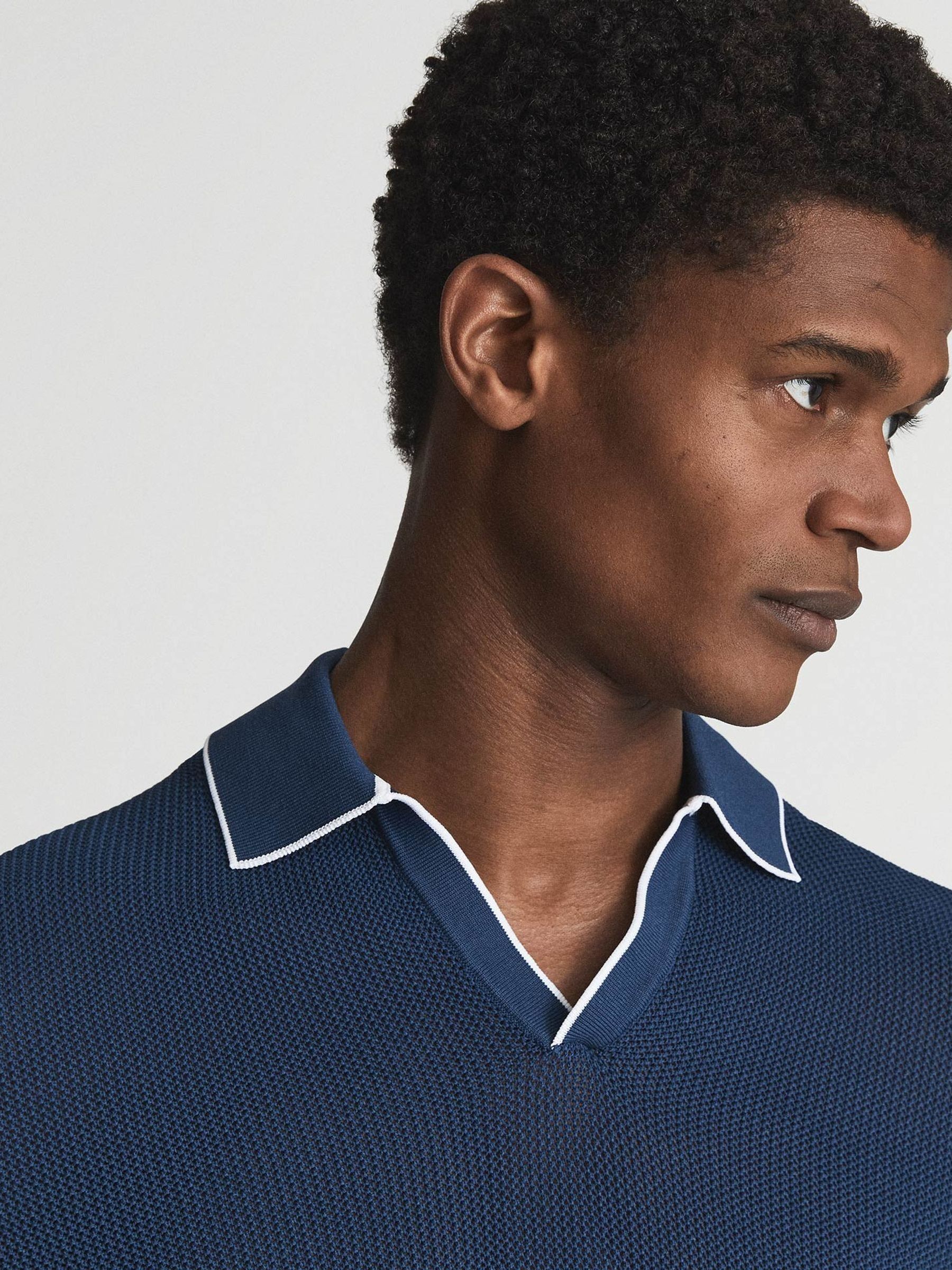 Open Collar Pointelle Polo T-Shirt in Dark Teal - Image 4 of 6