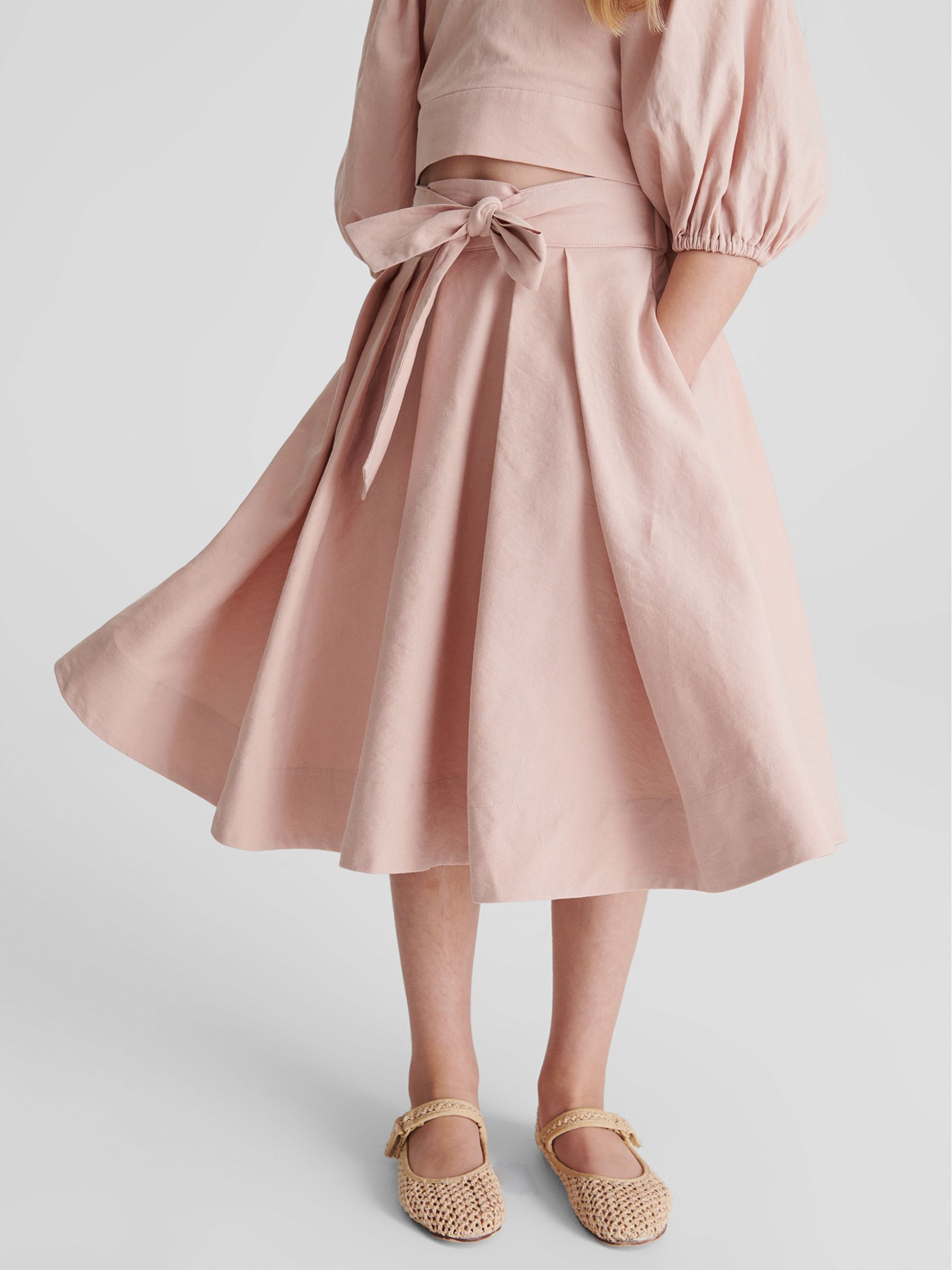 Tie Front Linen Midi Skirt in Pink - Image 7 of 9