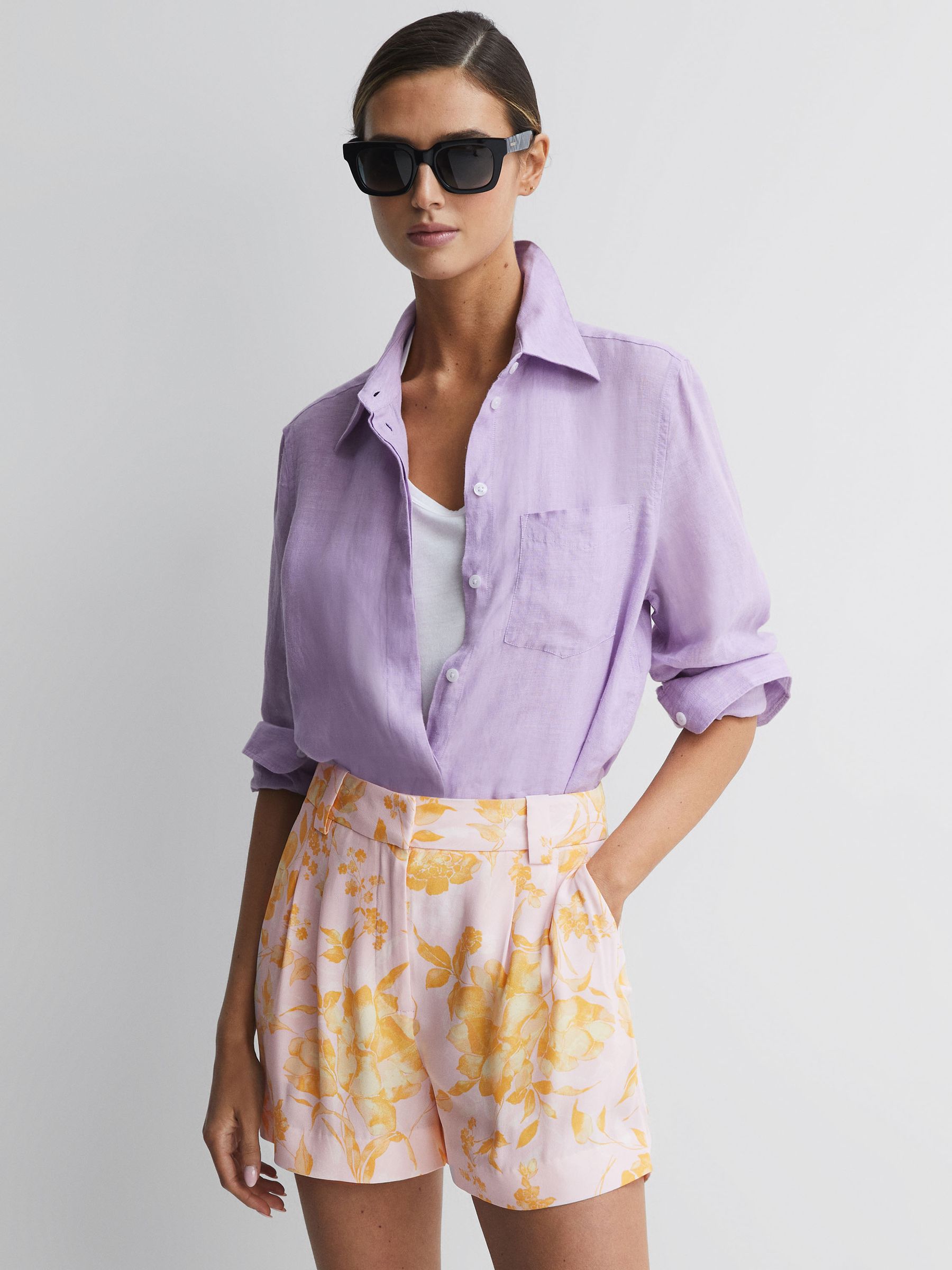 High Rise Floral Print Shorts in Yellow - Image 1 of 5