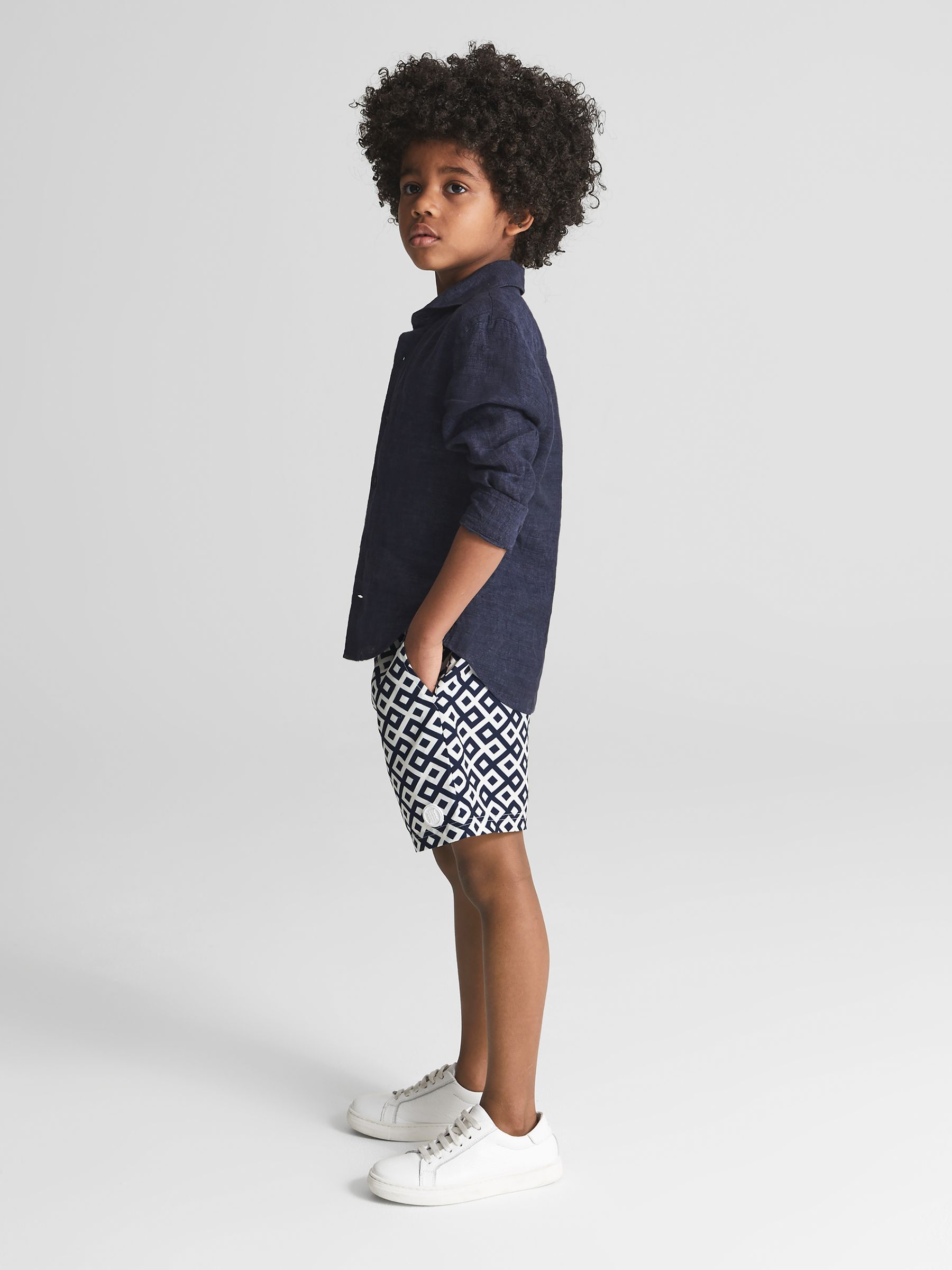 Geo Printed Swim Shorts in Navy - Image 1 of 5