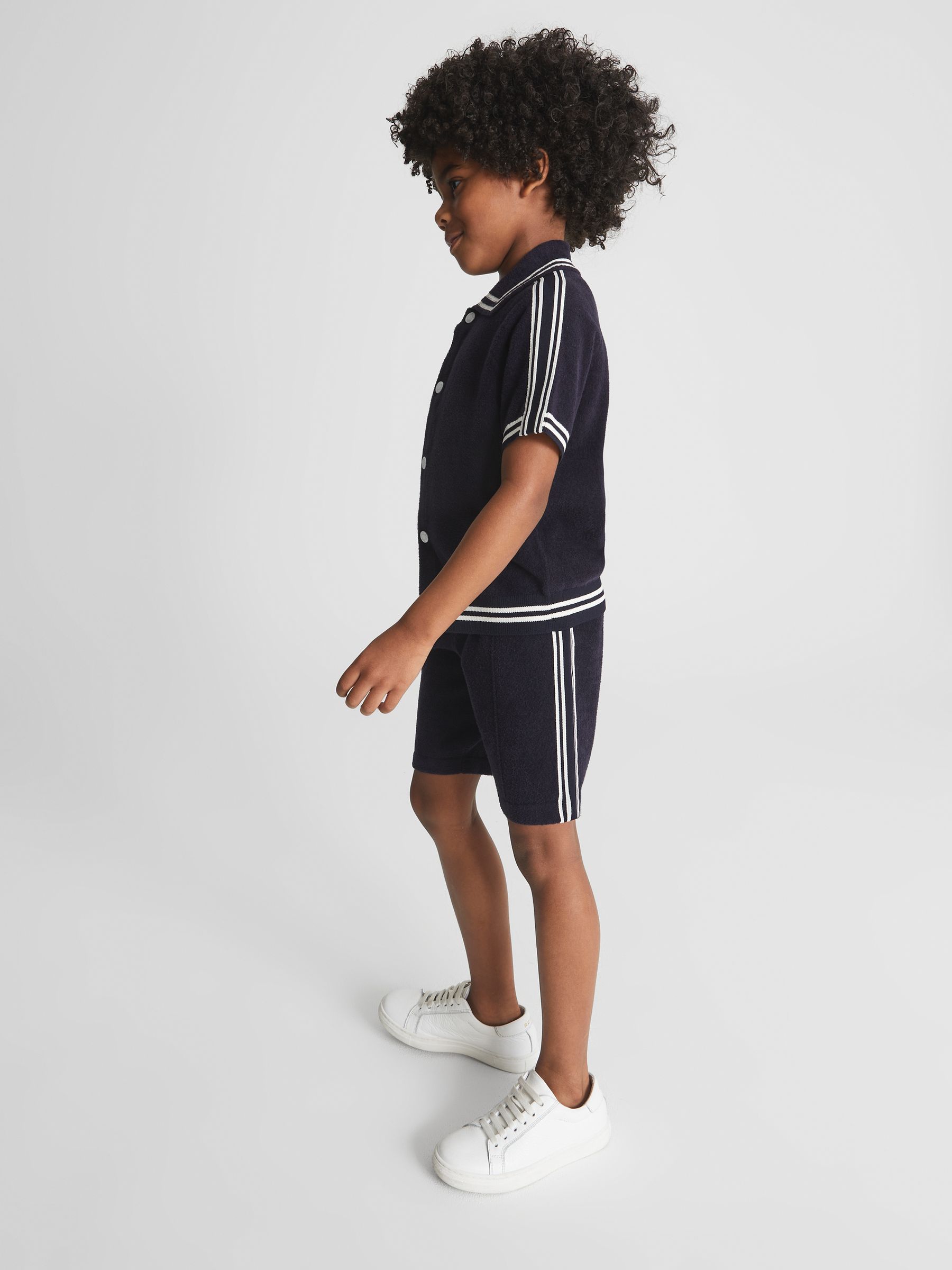 Velour Side Stripe Shorts in Navy - Image 1 of 6