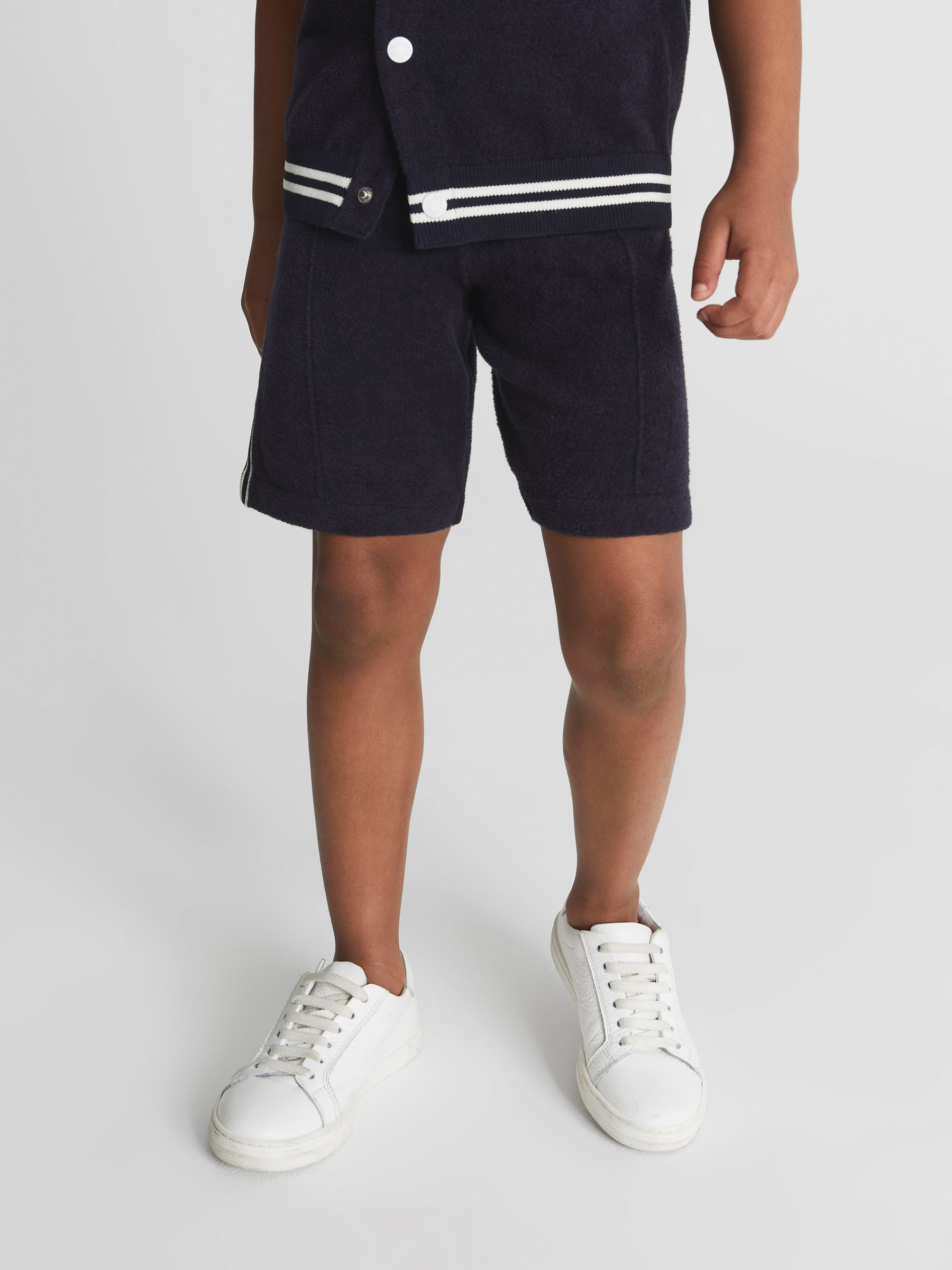 Velour Side Stripe Shorts in Navy - Image 3 of 6