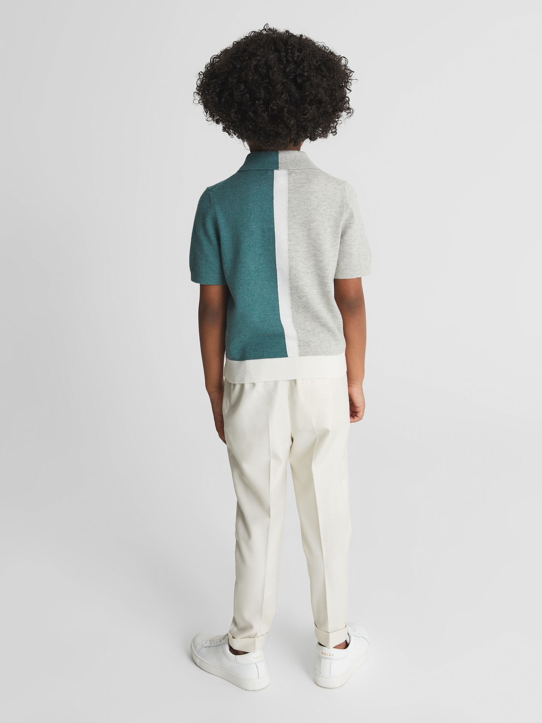 Colour Block Knitted Polo T-Shirt in Teal - Image 4 of 5