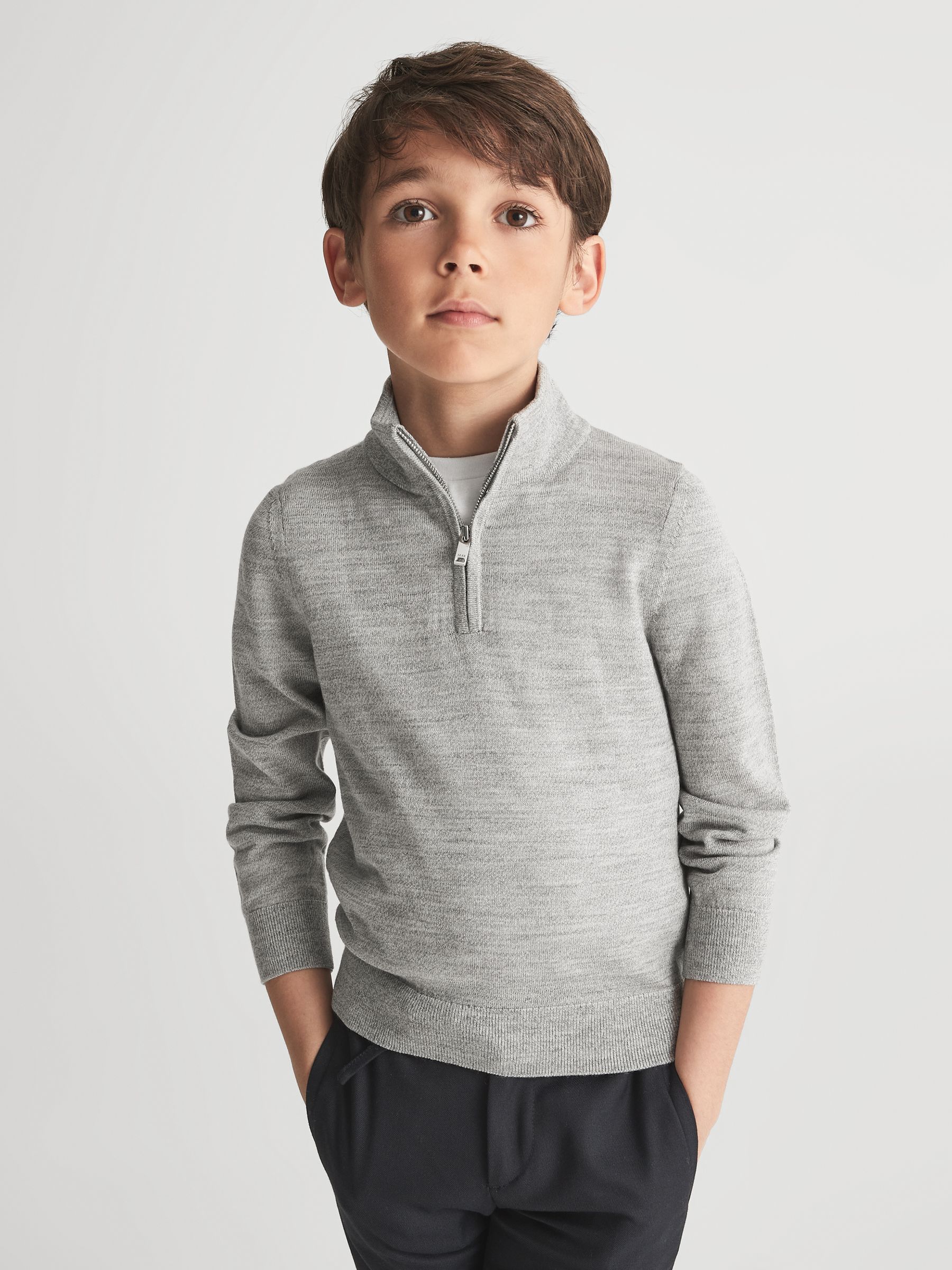 Slim Fit Merino Wool Zip Neck Jumper in Soft Grey Melange - Image 1 of 6