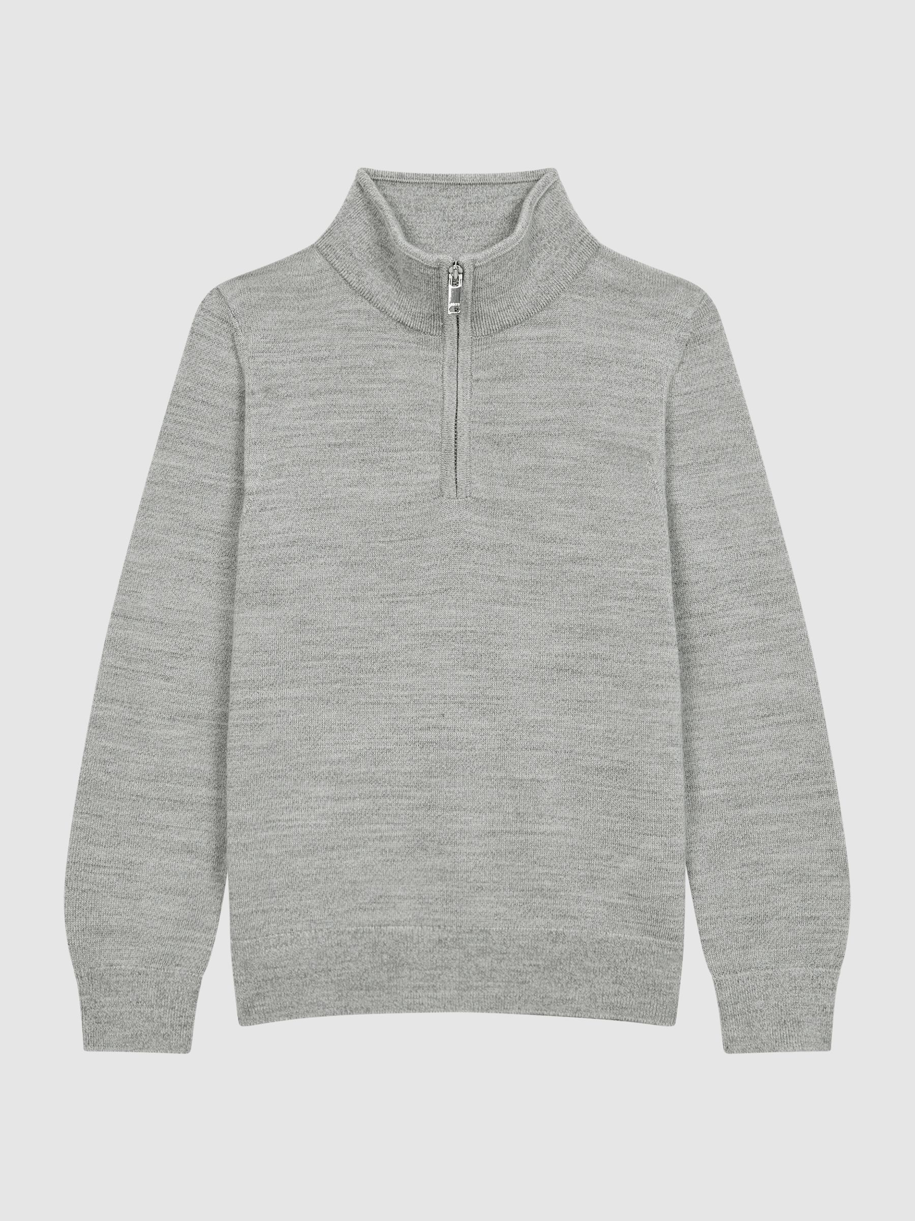 Slim Fit Merino Wool Zip Neck Jumper in Soft Grey Melange - Image 2 of 6