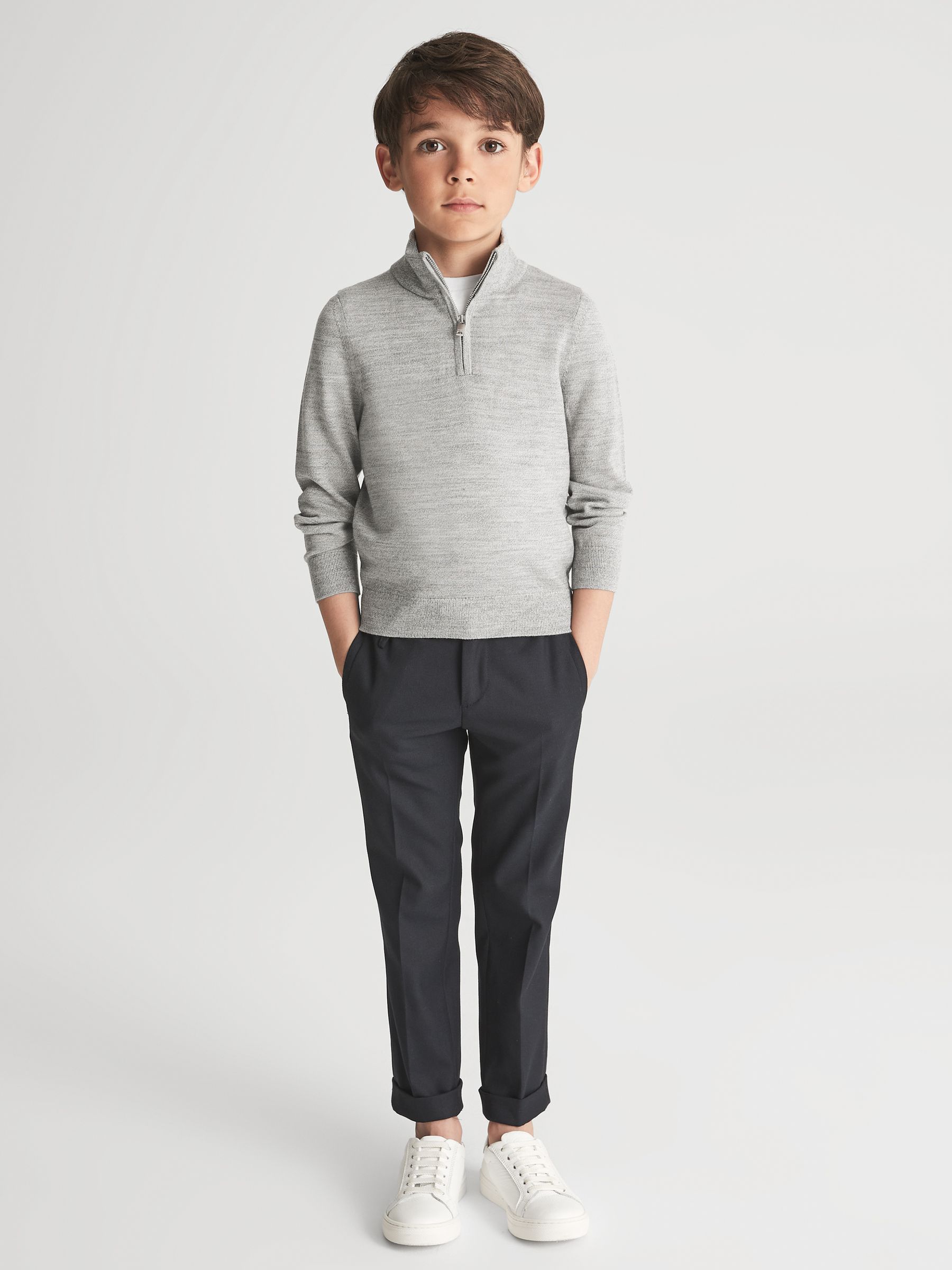 Slim Fit Merino Wool Zip Neck Jumper in Soft Grey Melange - Image 3 of 6