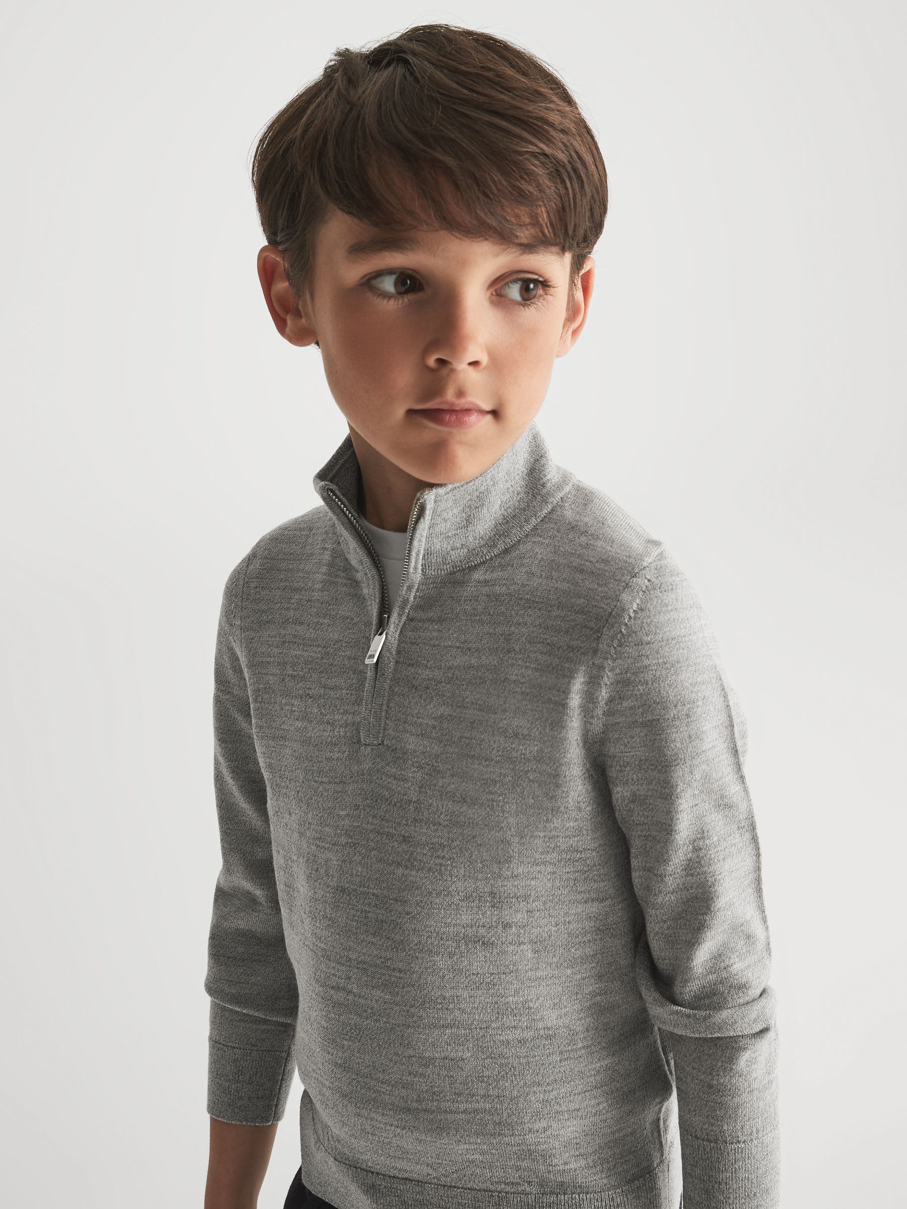 Slim Fit Merino Wool Zip Neck Jumper in Soft Grey Melange - Image 4 of 6